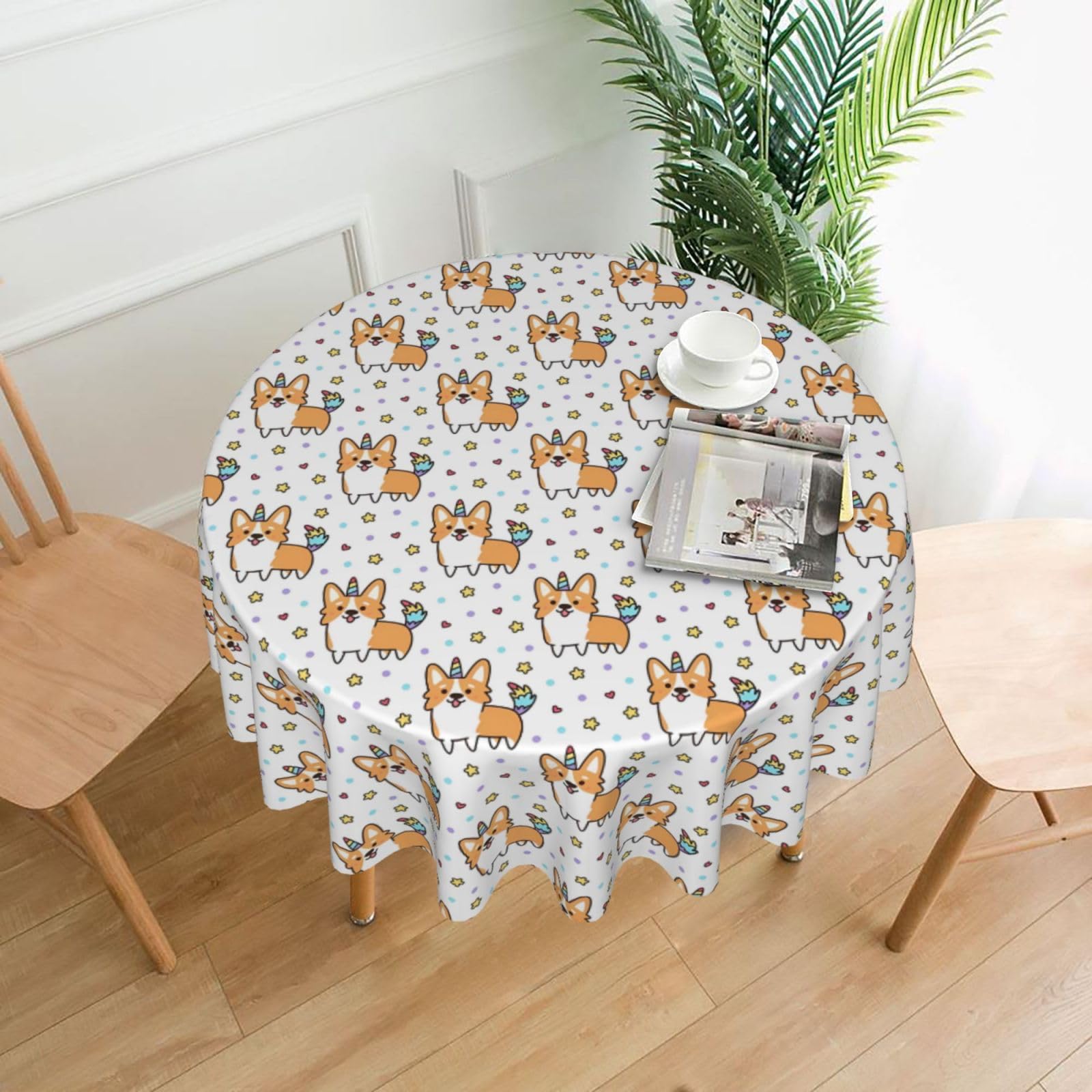 WHJSSF Corgi Prints Round Decorative Tablecloth 60in - Elevate Your Dining Experience with a Stylish & Protective Table Throw