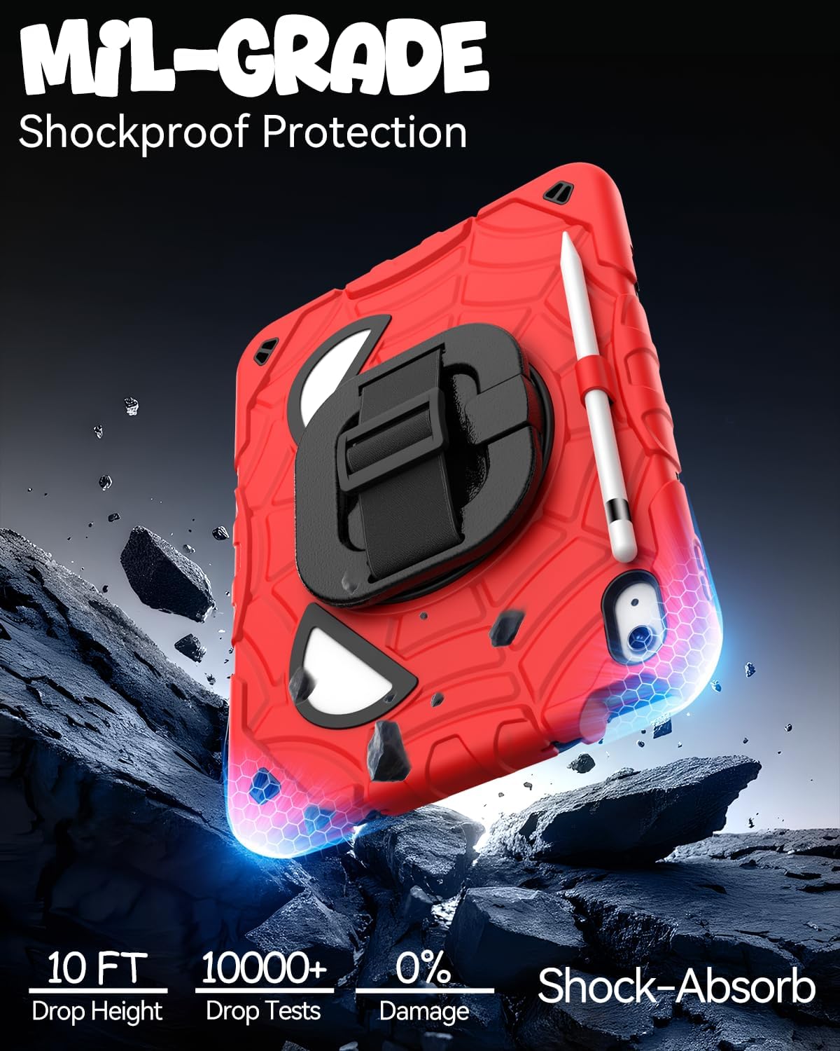 Grifobes Case for iPad A16 11th/10th Generation 2025/2022 11/10.9 inch, Full Body Protection with Screen Protector/Pencil Holder/Stand,Hand/Shoulder Strap for i Pad 11/10.9 Cover Red+Black