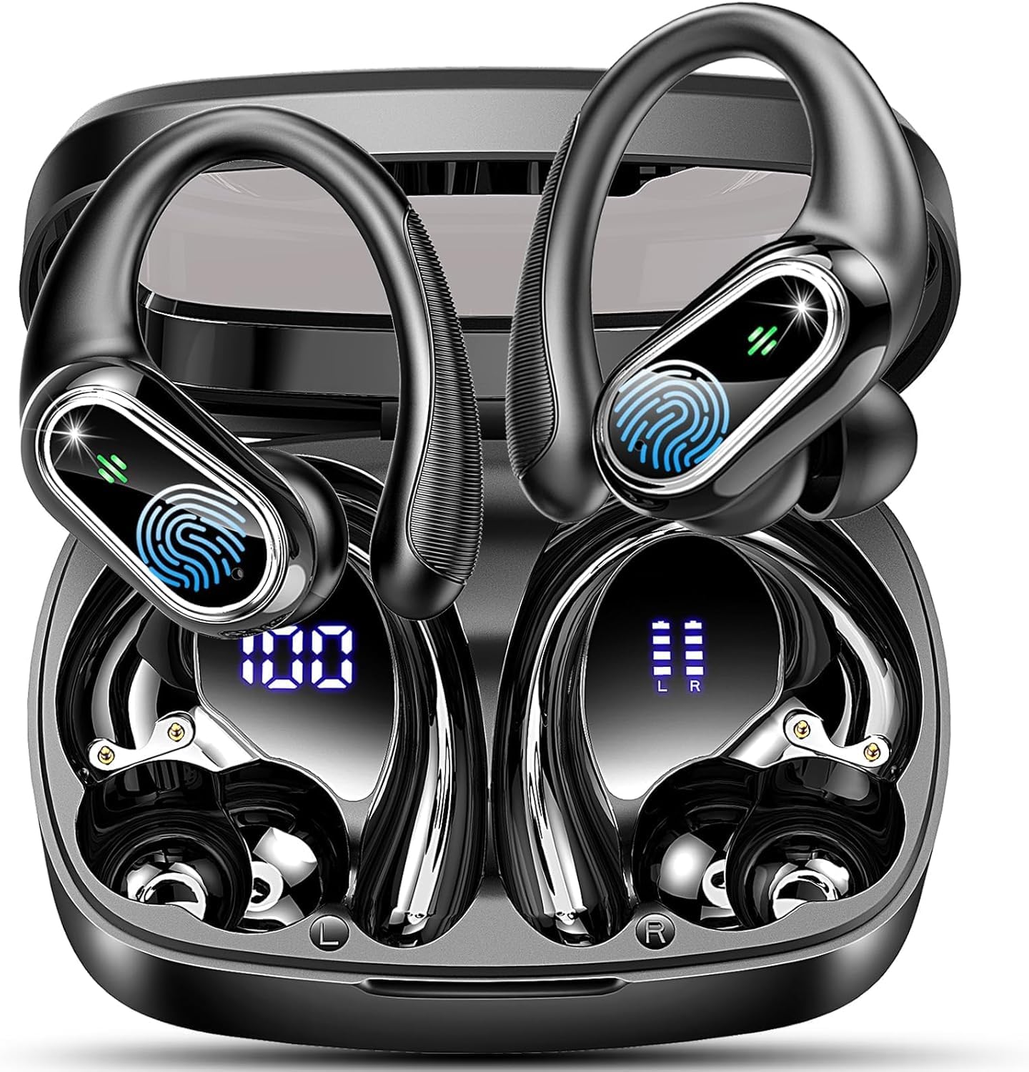 Cuffie Bluetooth Sport, Auricolari Bluetooth 5.3 Wireless con 4 ENC Cancellazione Rumore Mic, 50 Ore HiFi Stereo Cuffie Wireless, IP7 Impermeabile, Cuffiette Bluetooth con LED Display, USB-C, Nero