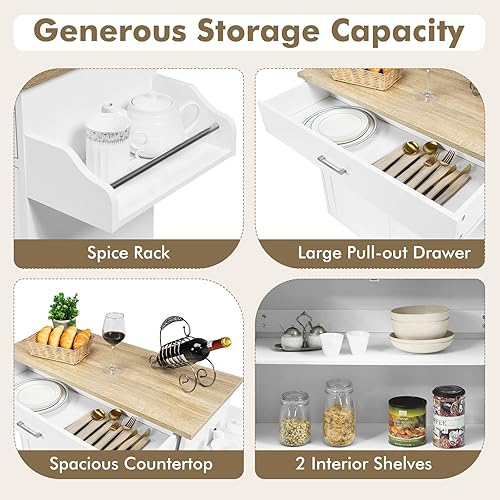 Miniatura 4 de COSTWAY Carrito de isla de cocina carrito de almacenamiento rodante con ruedas de goma bloqueables gabinete grande cajón estante de especias y