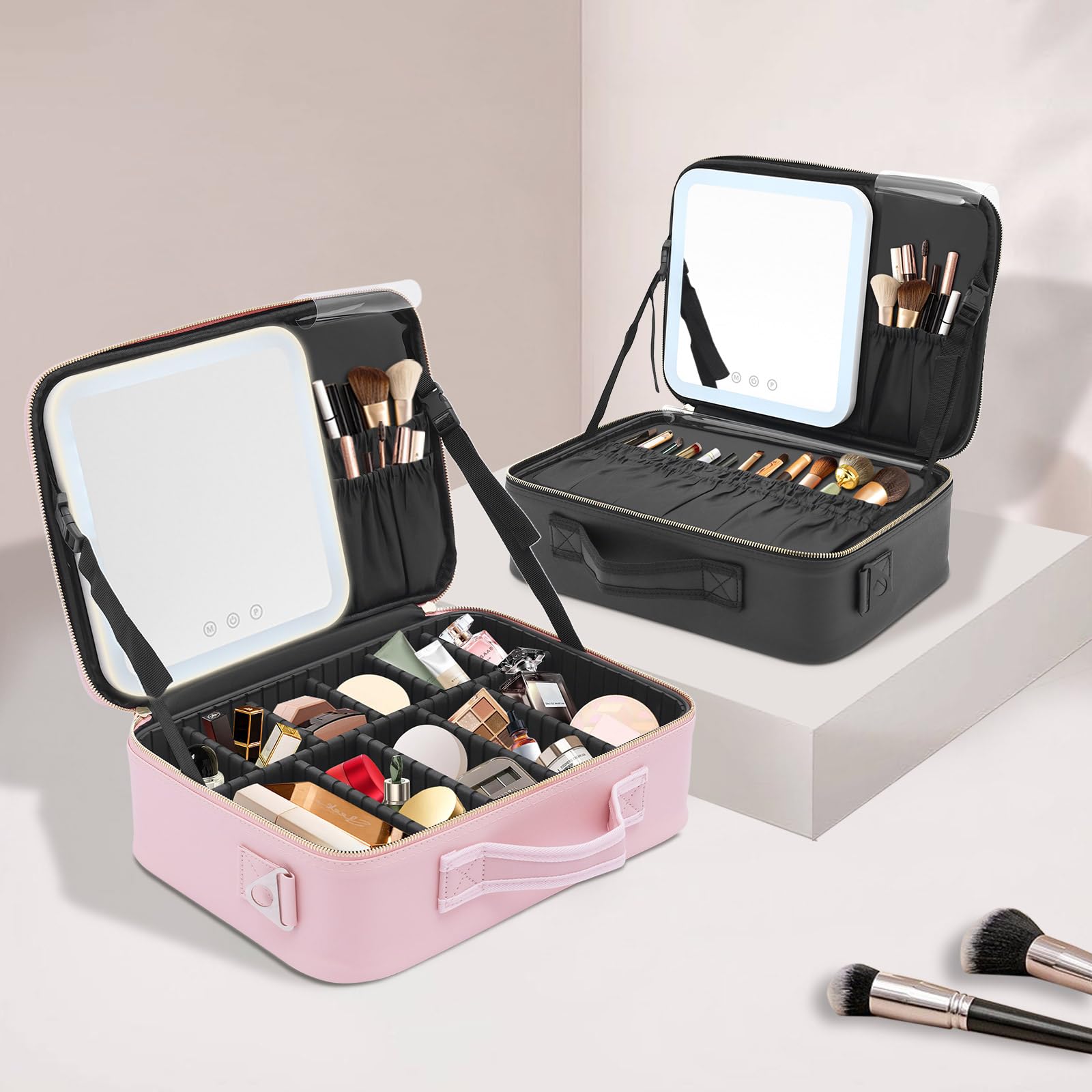 Make-up Tasche Mit LED Spiegel, große Kapazität Make-up Tasche Werkzeug Aufbewahrungstasche, Make-up Pinsel, Kosmetik Aufbewahrungsbox Tragbar Zwei Farben (rosa)