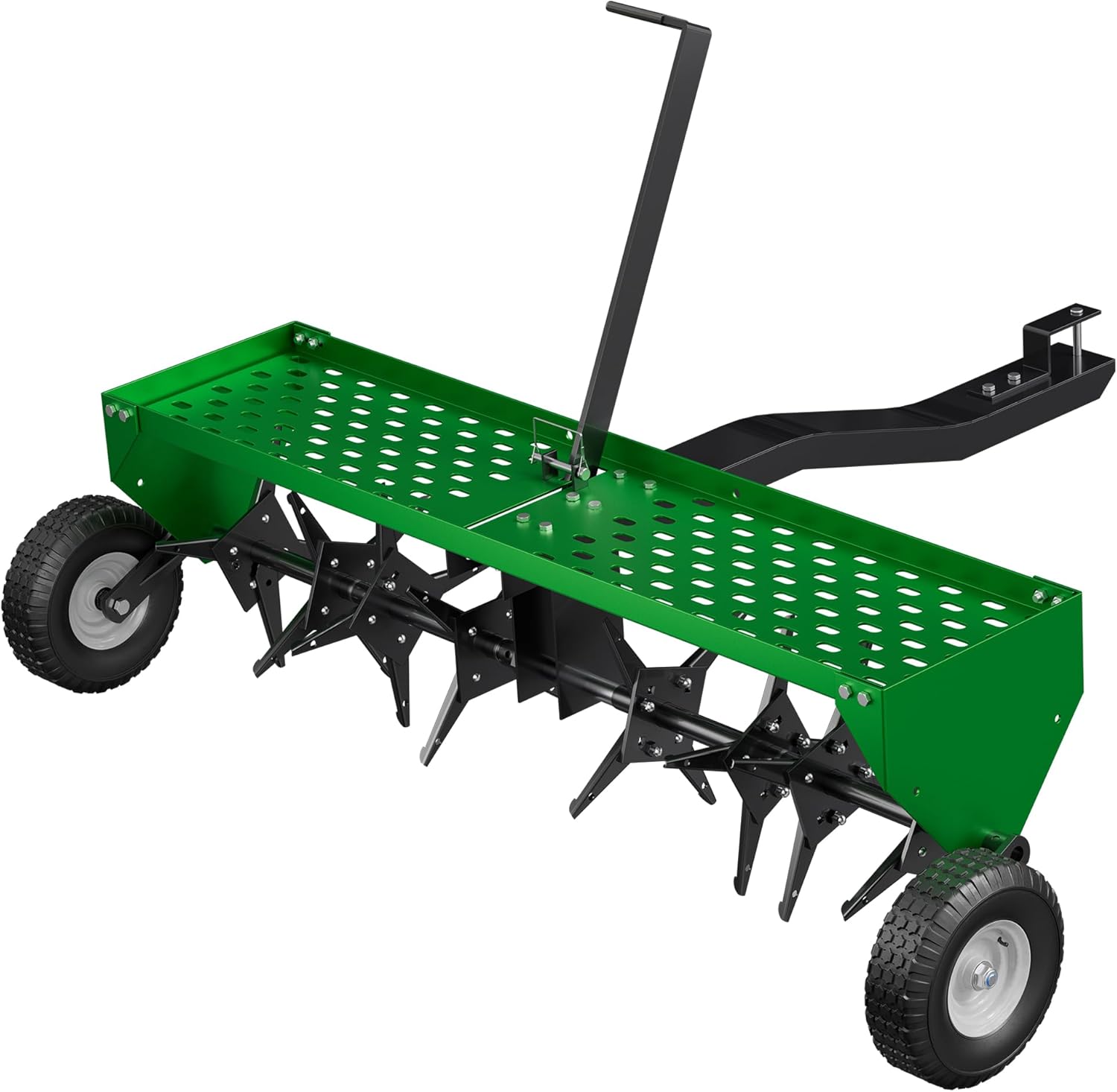 48" Lawn Aerator Tow Behind, Pull Behind Aerator with Universal Hitch, 32 Galvanized Steel Tines, Tray and Pneumatic Tires, Plug Behind Aerator is Suitable for Gardens, Lawns and Farms 48 Inch Green