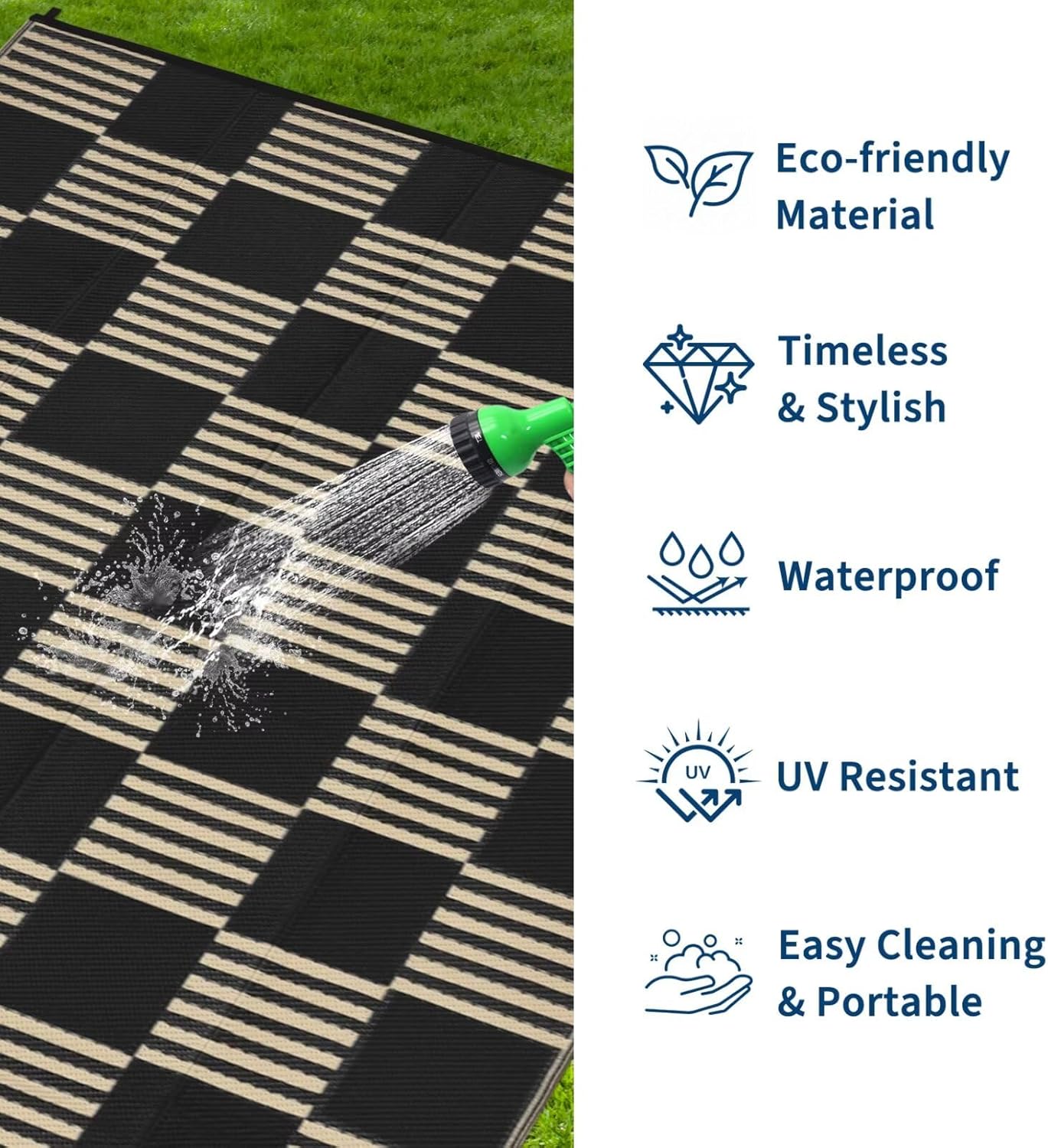 Garvee Waterproof Outdoor Rug 8x10, Checkered Foldable Plastic Straw Patio Camping Rug, Outdoor RV Carpet for Deck Camper Porch Balcony Backyard Picnic Beach Black and Brown