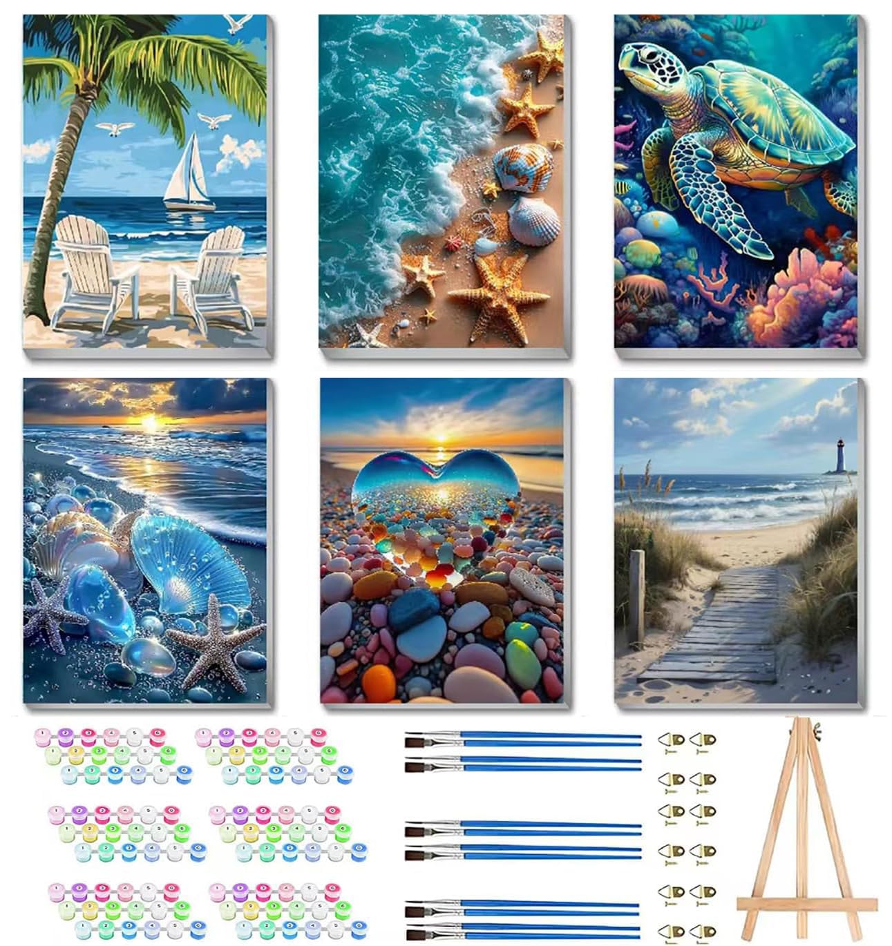 6 Pack Paint by Numbers Kits for Adults with Frame, Beach Paint by Number Kits on Canvas with Wooden Easel for Beginners, DIY Acrylic Oil Painting Kits with Brushe for Home Wall Decor 8x12 inch