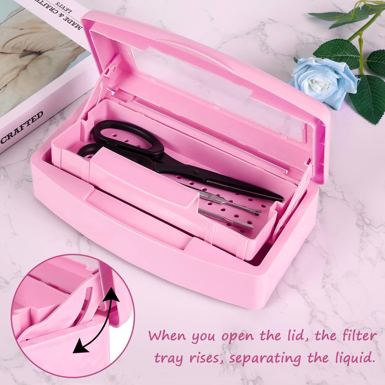 Sanitizing Tray - Disinfectant Container Nail Tool Sterilizer Box Plastic Sanitizing Box for Nail Tools, Hair Salon,Spa (Clear Lid, Pink)
