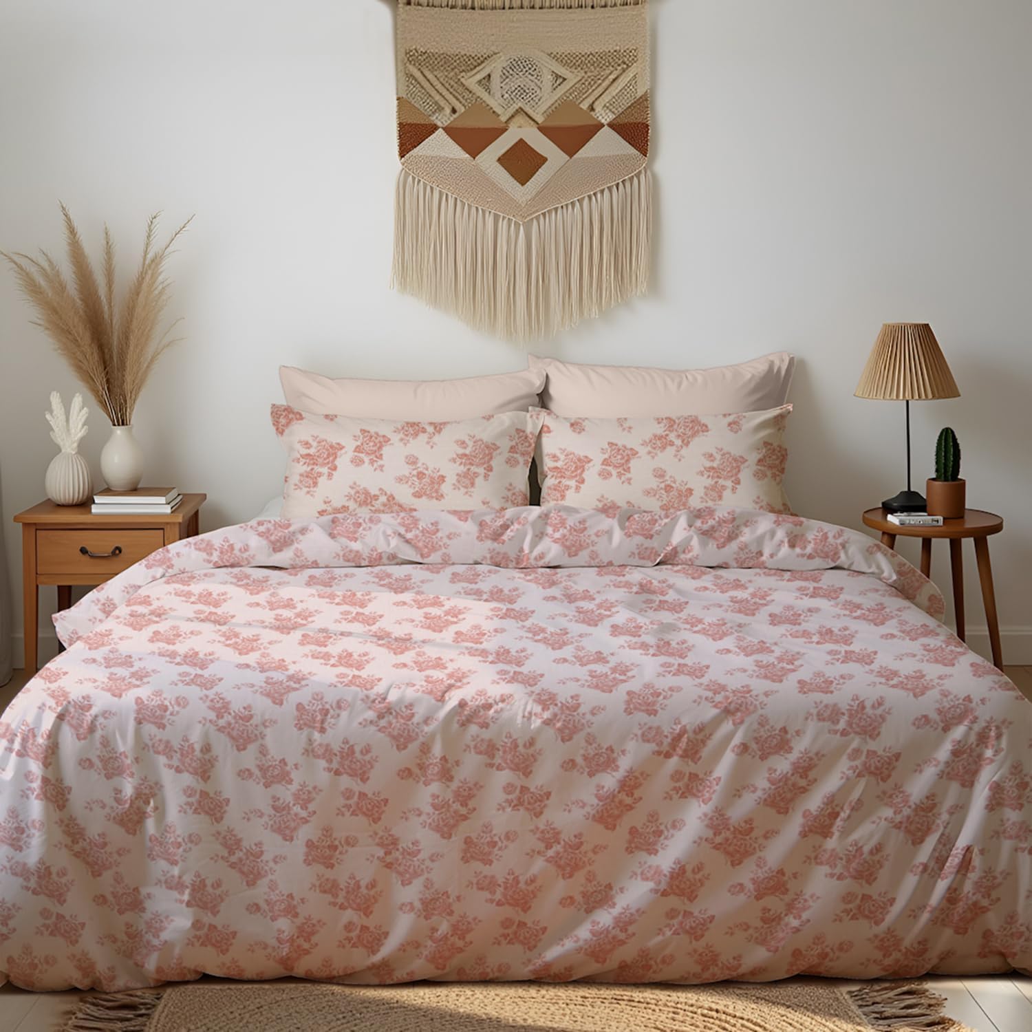 Arvind Bedsheet Set - 100% Cotton Bedsheet for Double Bed (1 King Size Bedsheet with 2 Pillow Covers) Superior Softness, 300 Thread Count Yarn Dyed Jacquard - Hushloom Terracotta