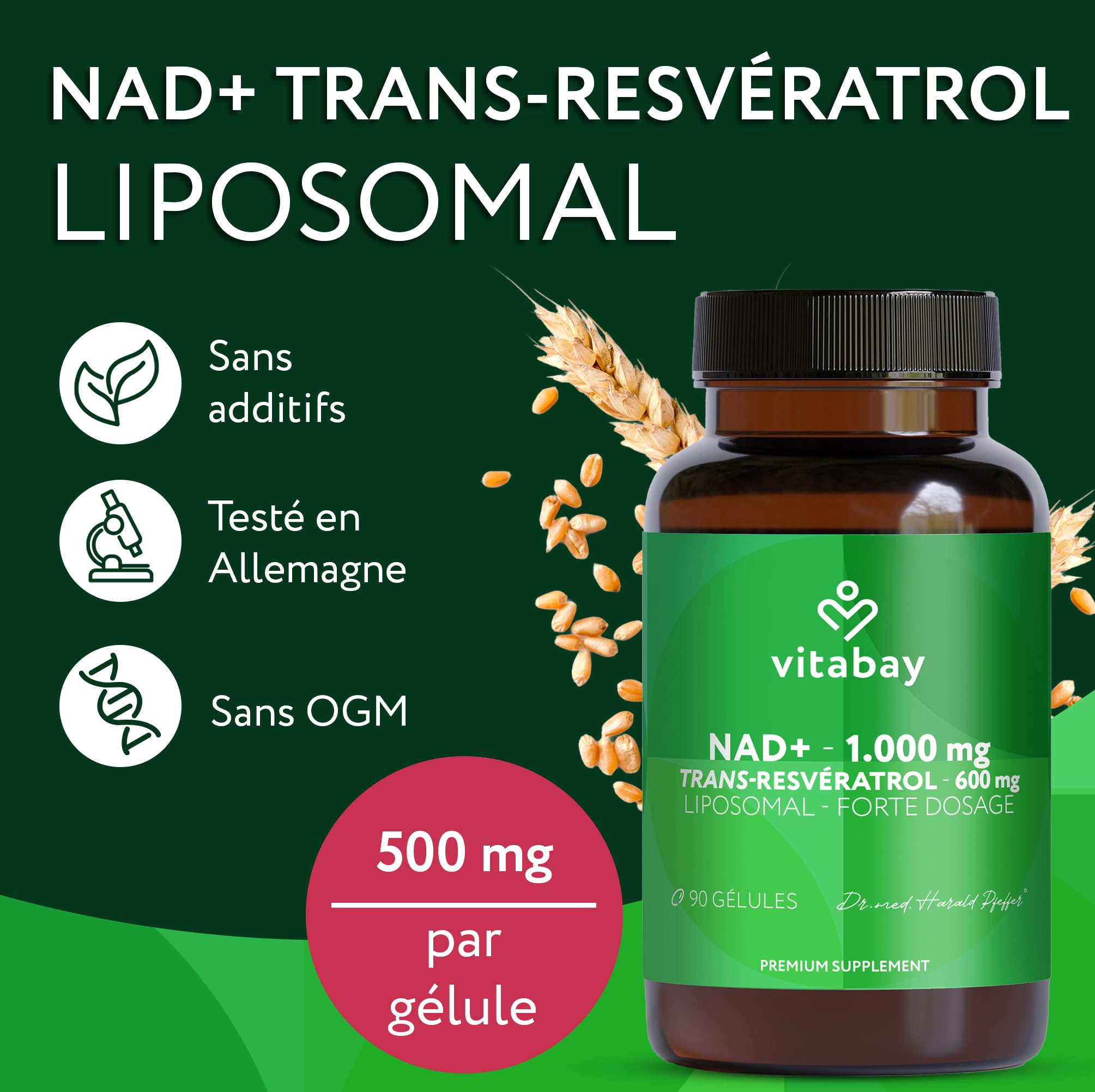 Vitabay NAD+ liposomal 1000 mg avec trans-resvératrol 600 mg - 90 softgels végétaliens - haut dosage, vegan, testé en laboratoire en Allemagne - complément NAD - sans OGM - 45 jours
