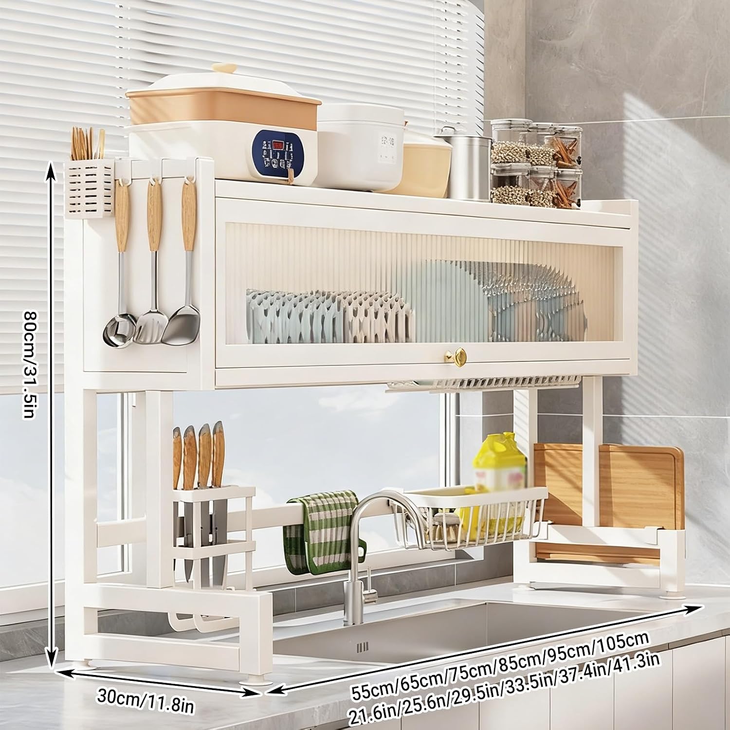 Over The Sink Dish Drying Rack, Multifunctional Carbon Steel Sink Shelf, with Hooks and Clear Flip Door, for Dishes, Glasses, Bowls, Cutlery(105cm/41.3in)