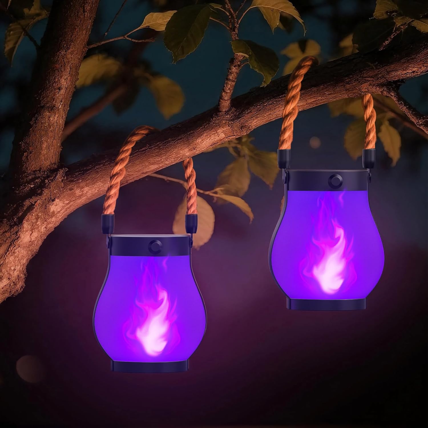 hompavo gen2 solar lanterns outdoor waterproof with realistic flickering flame, dual charging (usb/solar) & 2 modes - decorative hanging/table lights for patio garden porch halloween decor, 2/purple purple-2 pack
