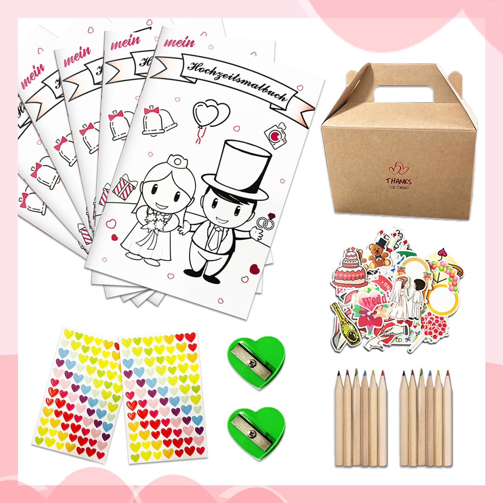 Akranini - Juego de 10 Libros para Colorear de Boda, Incluye lápices de Colores, Regalo para Invitados para Cada Boda, Libro para Colorear para niños como Actividad con sacapuntas, cestas de emergenc