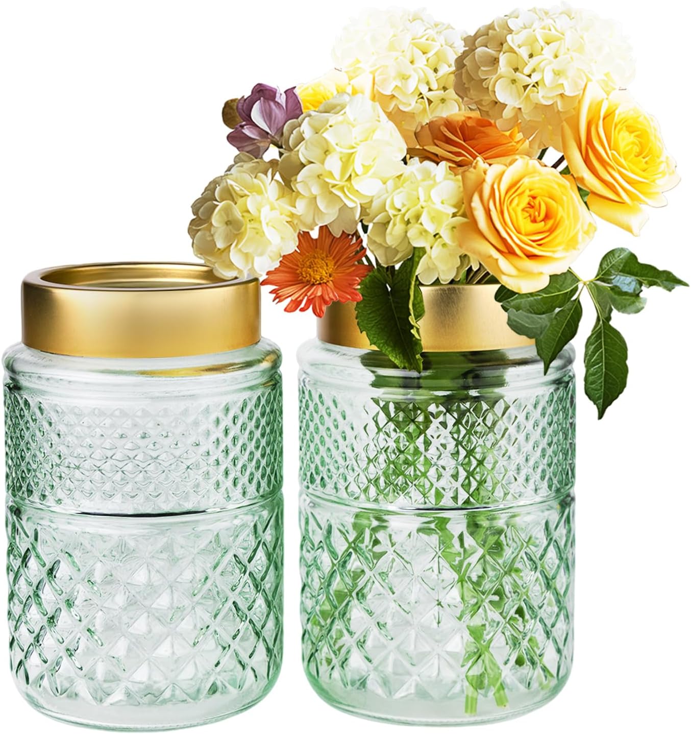 2-Pack Flower Vase Glass, 7.6 inch Green Fluted Vase with Golden Metal Top,Stylish Decorative for Tabletop Centerpiece, Kitchen,Living Room,Bedroom,Bathroom,Office