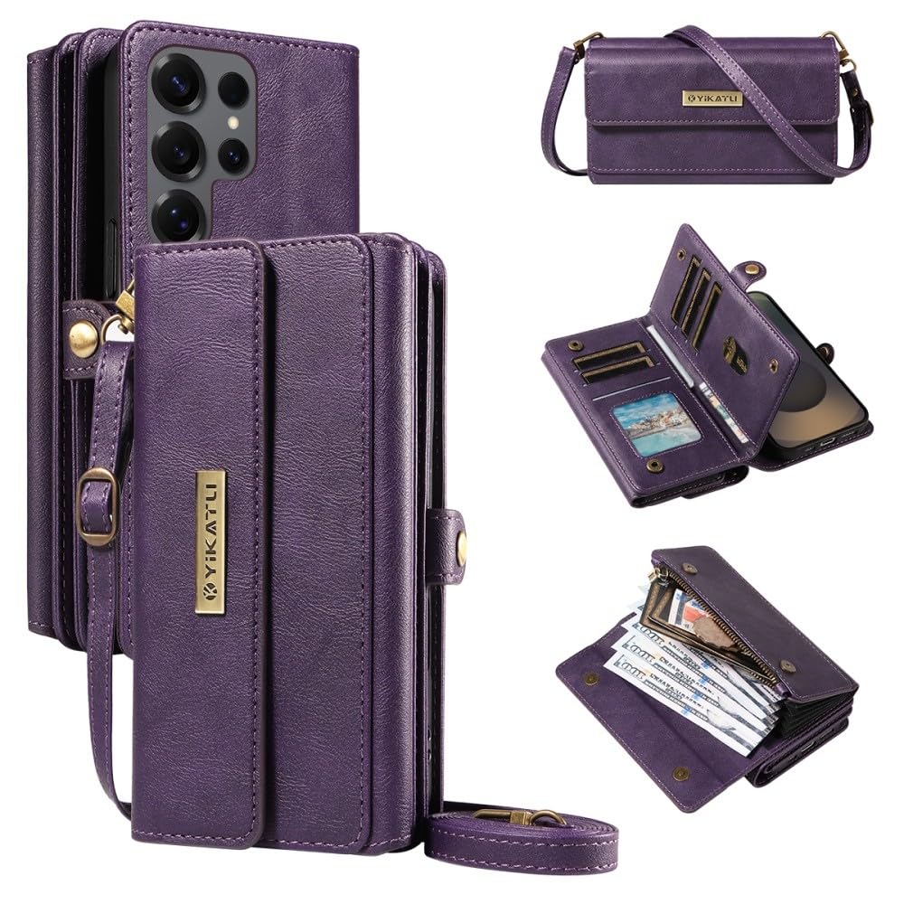 Generic Compatible con Samsung Galaxy S24 Ultra (color púrpura) Cartera de piel con tapa magnética con correa para el hombro