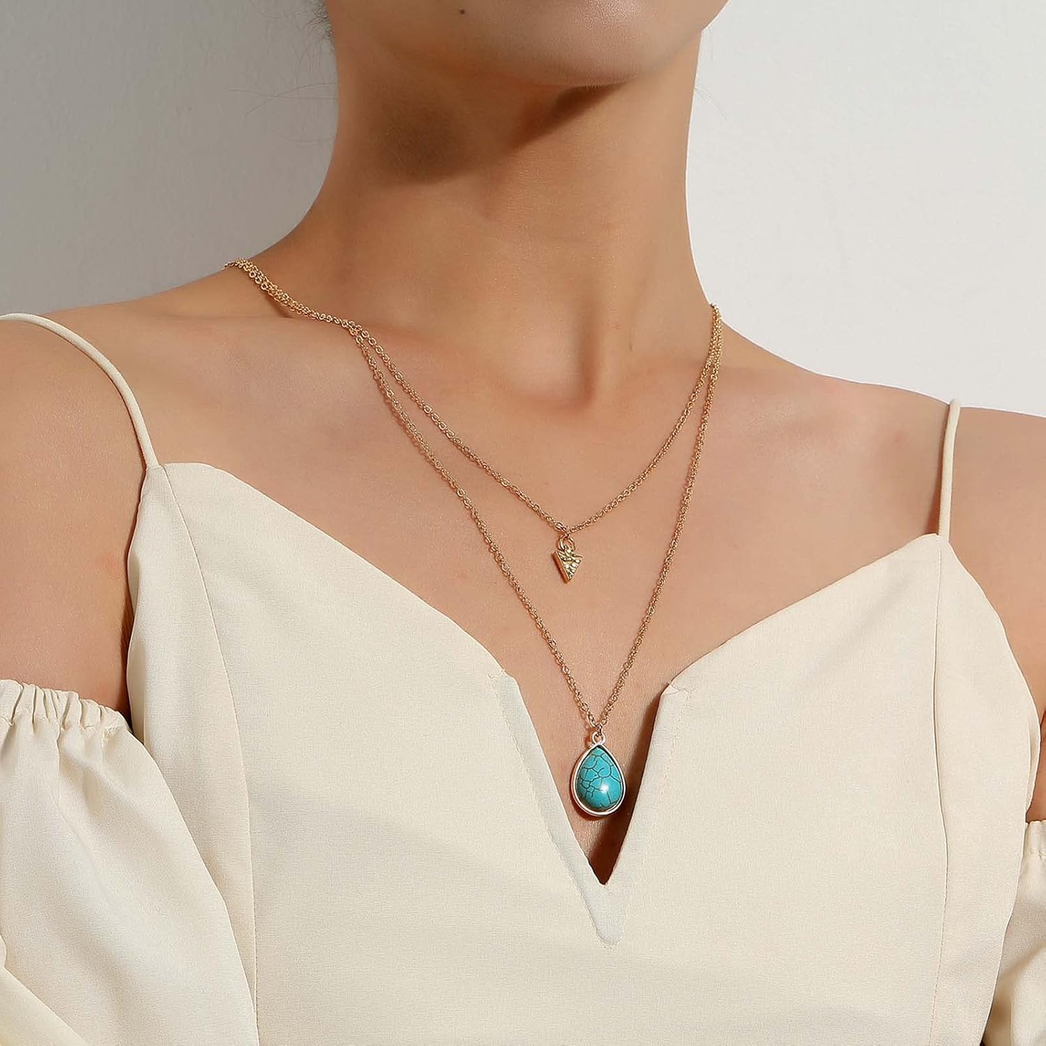 Boho Layered Turquoise Necklace Turquoise Gemstone Pendant Necklace Teardrop Turquoise Necklace Chain Gold Geometric Triangle Choker Necklace Jewelry for Wome - Image 3