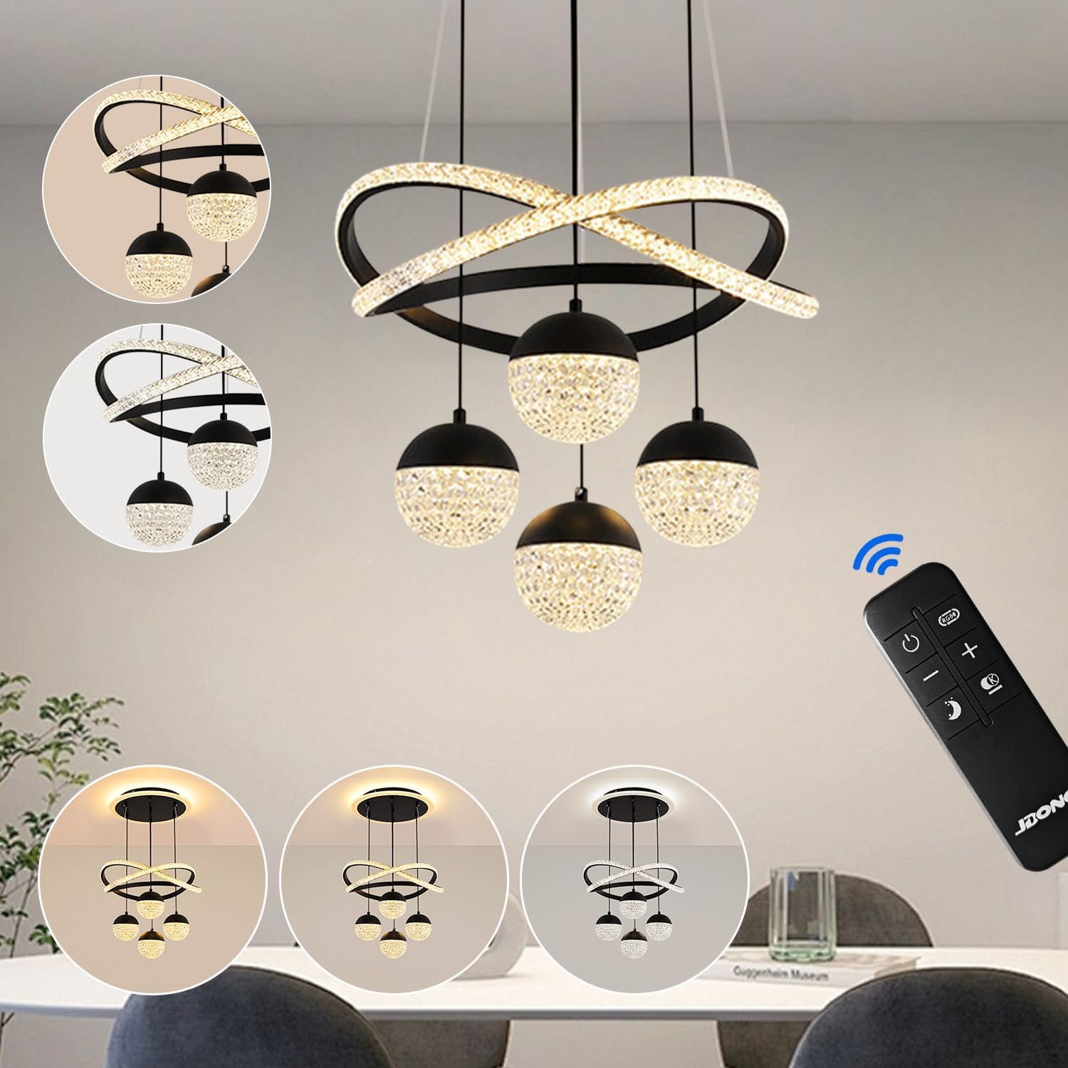 JDONG LED Pendelleuchte Kristall Hängelampe Esstisch 54W LED Hängeleuchte Höhenverstellbar für Esszimmer Wohnzimmer,Dimmbar Hängeleuchte mit Fernbedienung