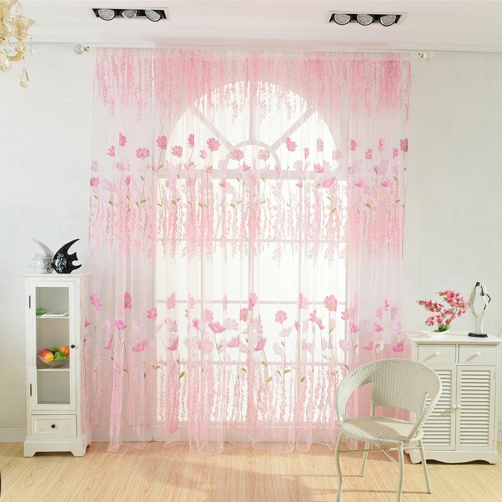 Tomtopp Offset Printing Tulle Sheer Curtain Yarn Window Screen Voile Panel (Pink)