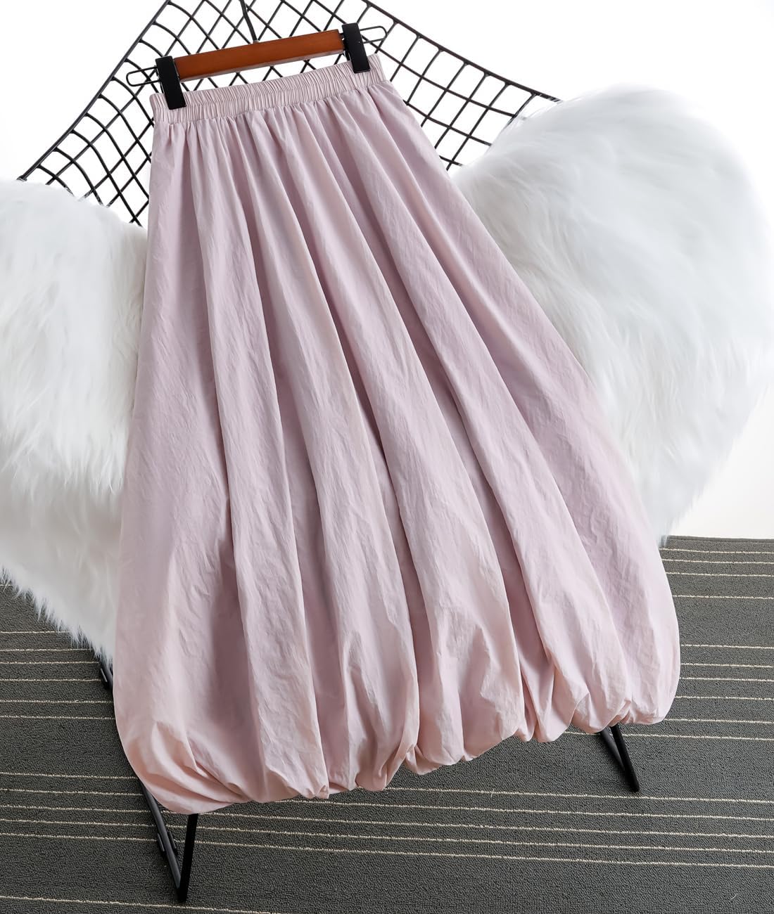 Femiserah Women's Elastic Waist A Line Midi Pompom Skirt Casual Lantern Skirt - Image 3