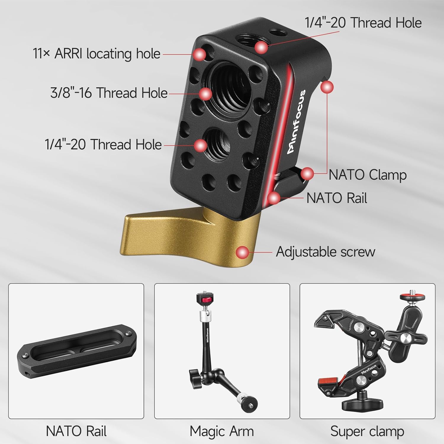 MINIFOCUS NATO Clamp, NATO Rail Lock Clamps Quick Release with 1/4" 3/8" ARRI Thread, Standard NATO Clamp for Camera Cage Friction Arm Ballhead Cold Shoe Monitor Mount - Image 2