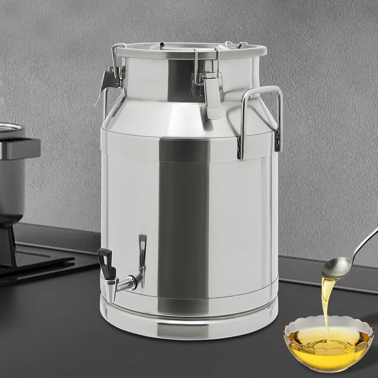 201 Stainless Steel Milk Can, Water Bucket with Locking & Faucet Sealed Lid Beverage Dispenser Airtight Food Storage Containers for Home Farm
