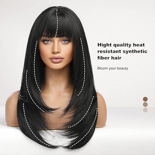 Miniatura 3 de HAIRCUBE Pelucas largas negras para mujer, peluca sintética recta en capas con flequillo