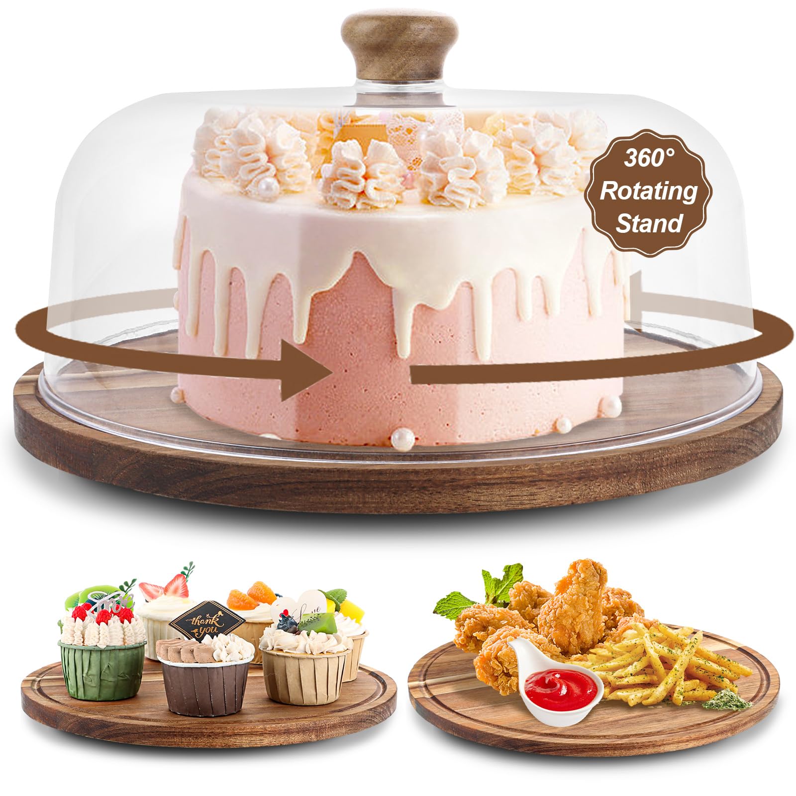 Plato Giratorio para Tartas de Madera de Acacia 29,5 cm con Tapa Transparente, Soporte Tarta y Soporte para Tartas, Porta Postres para Fiestas y Mesa Dulce
