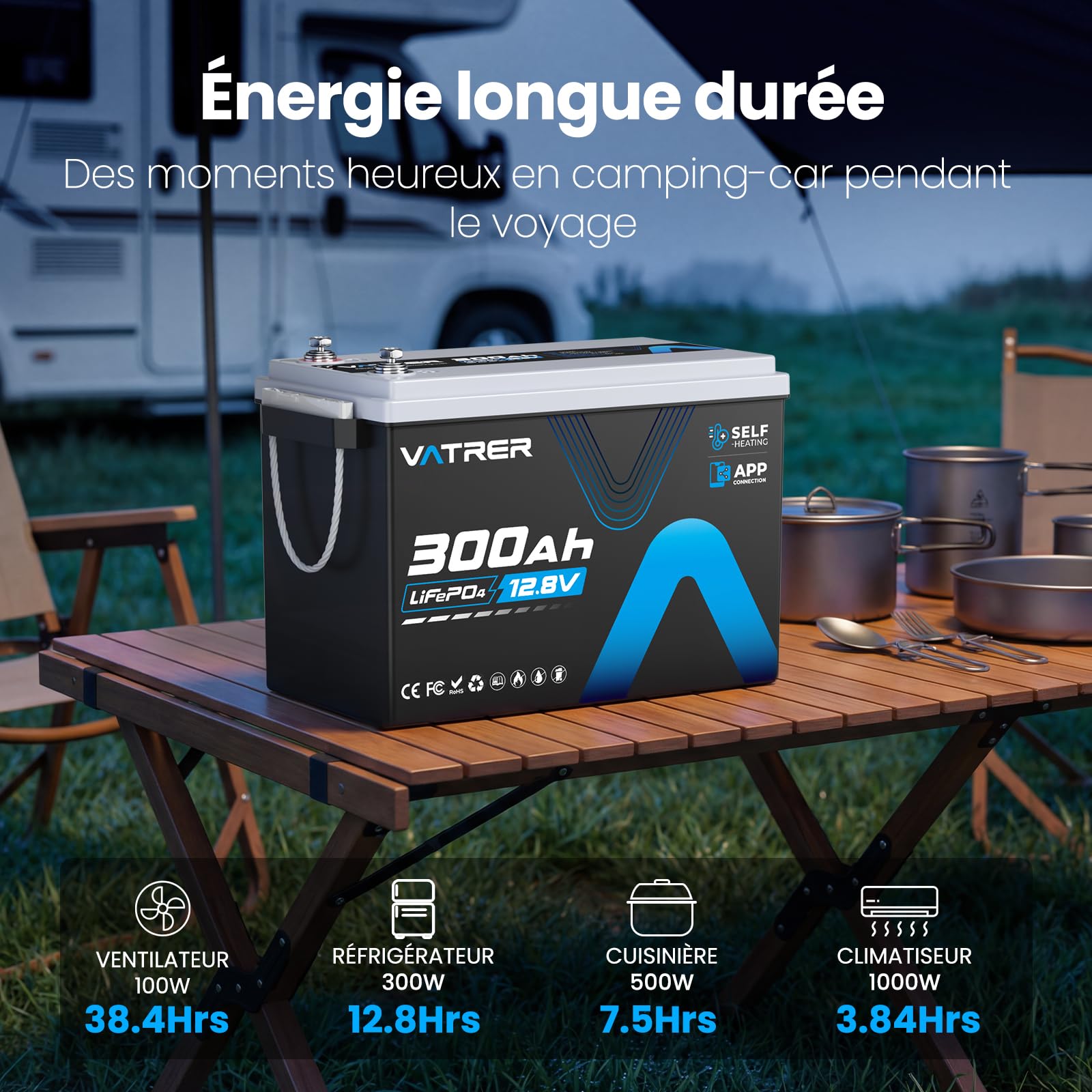 VATRER POWER Batterie LiFePO4 12V 300Ah Chauffante Bluetooth BMS 200A