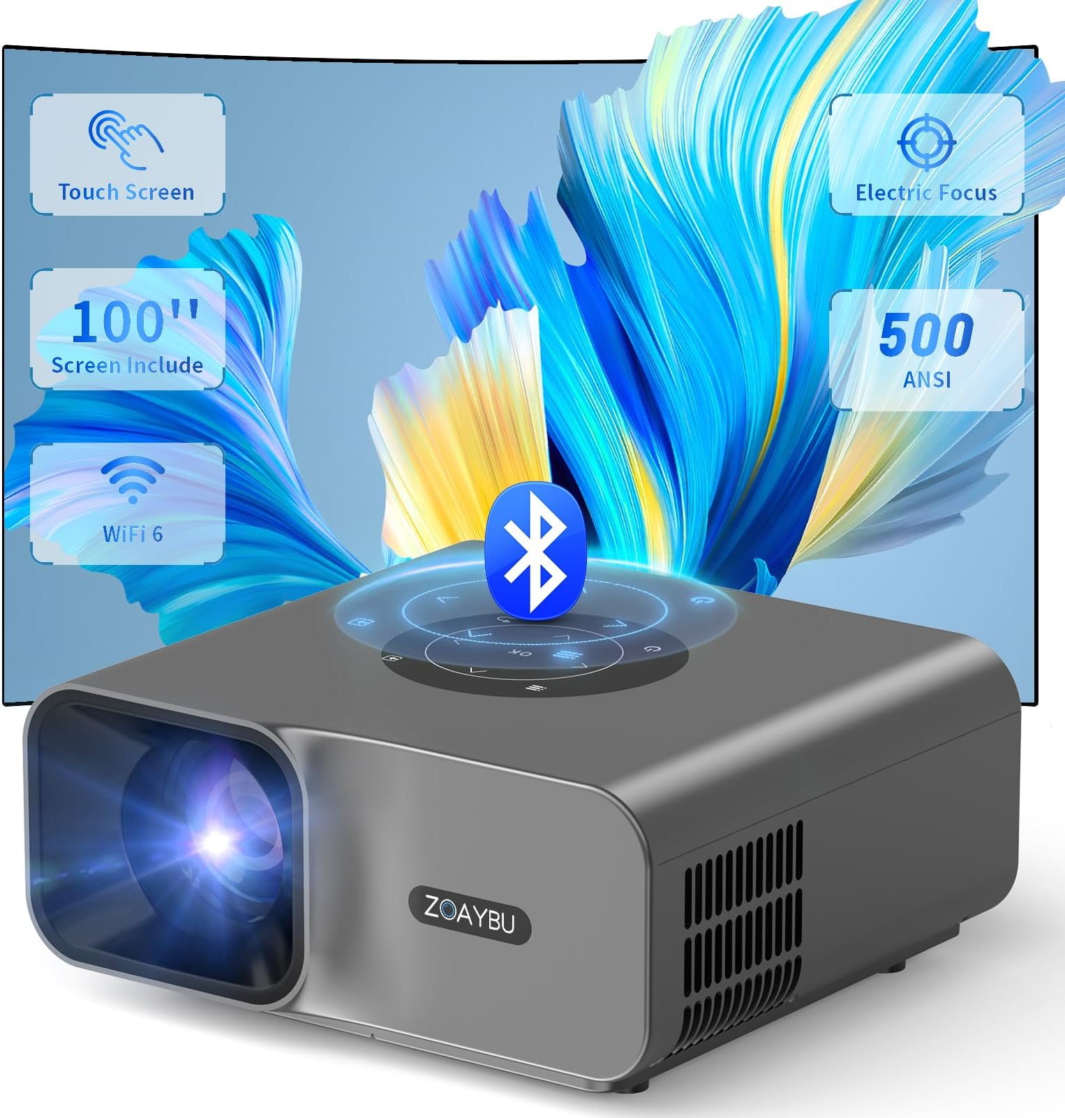 ZOAYBUUpgraded Bluetooth Projector with Screen, Native 1080P Electric Focus Portable Projector for Home, Movie Projector Compatible with HDMI/USB/PC/TV Stick/Game Console/Phone, Indoor & Outdoor Use