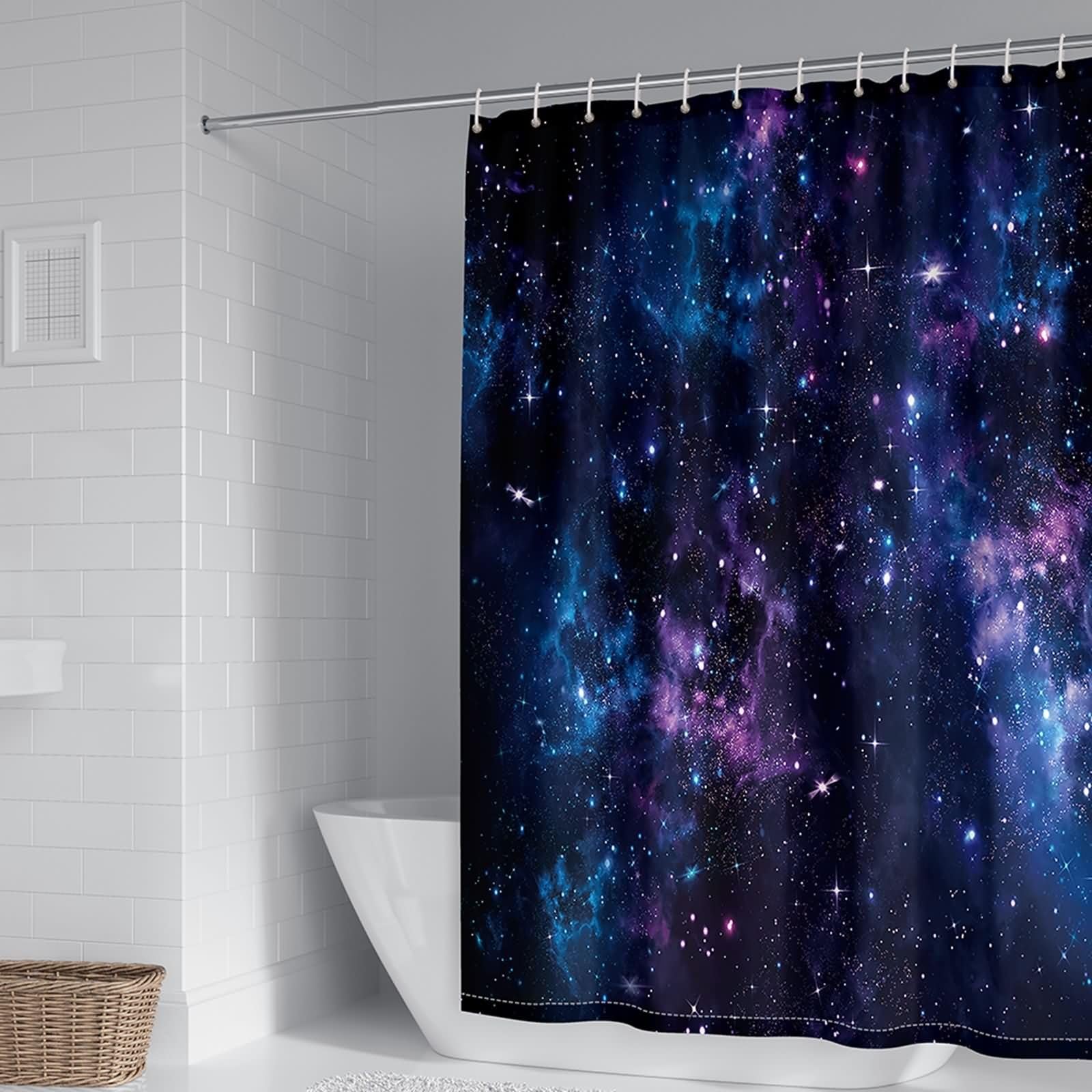 Rideau de douche motif univers bleu violet avec anneaux inclus KnSam