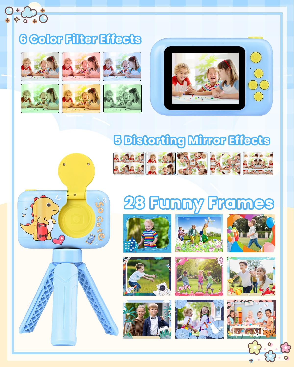 Fotocamera per Bambini con Treppiede, Macchina Fotografica Digitale Dinosauro per Ragazzi 3-10 Anni, 1080P, Display IPS 2.4", Obiettivo Rotante 180°, Scheda 32GB, Regalo Natale o Compleanno,Blu