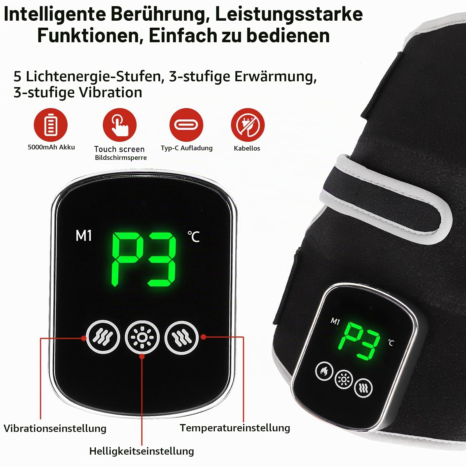 Knie-Massagegerät zur Linderung von Gelenkschmerzen, mit 3 Temperatureinstellungen, 3 Vibrationsmodi und einem 5000-mAh-Akku. Geeignet für Sportverletzungen, Geschenk für Mama Papa(schwarz)