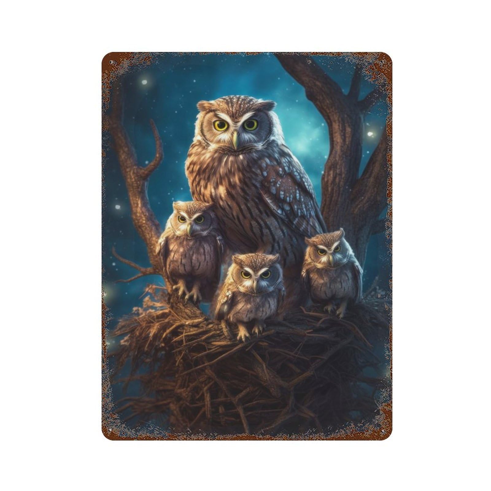 Rust Effect Owl with Owlets at Night Vintage Metal Tin Sign 15.7"x11.8", Decorative Metal Wall Art for Office, Studio And Wall Decor