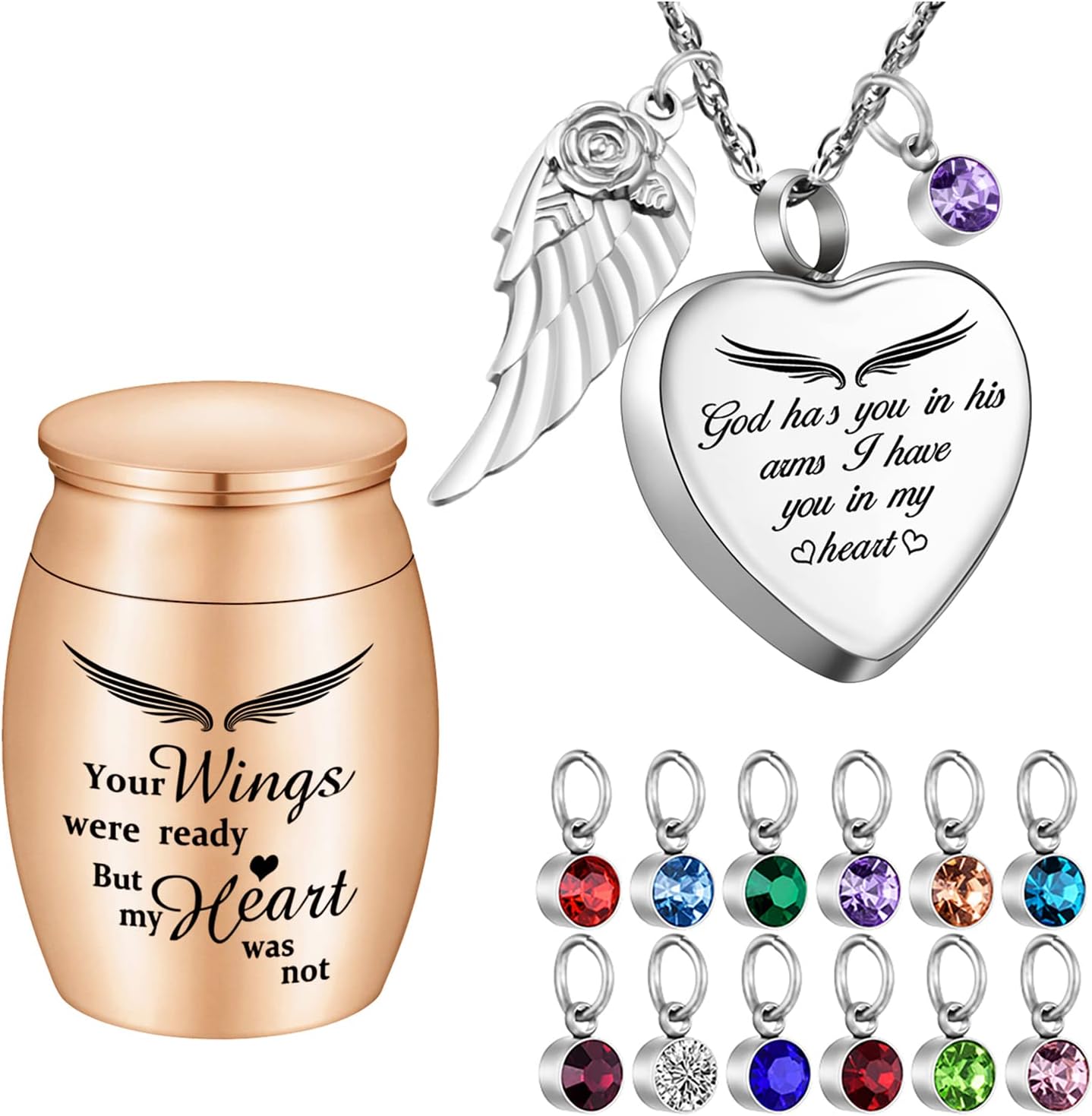 Dletay Mini Cremation Urns for Ashes Heart Urn Necklace for Ashes with 12 Birthstones Angel Wing Cremation Jewelry-Your Wings were Ready, But My Heart was Not