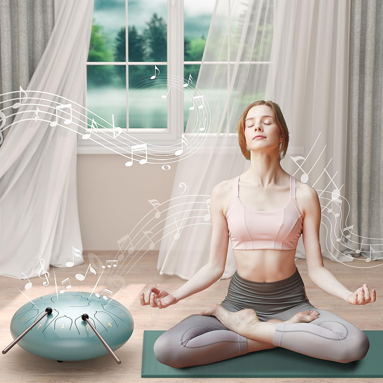 D Major Steel Tongue Drum Handpan, 12 Inch 13 Note Rain Drum for Outside Garden, Meditation Rain Chime, Musical Percussion Instrument for Adult Gift with Bag, Music Book, Drum Mallets (Moss Blue) 5