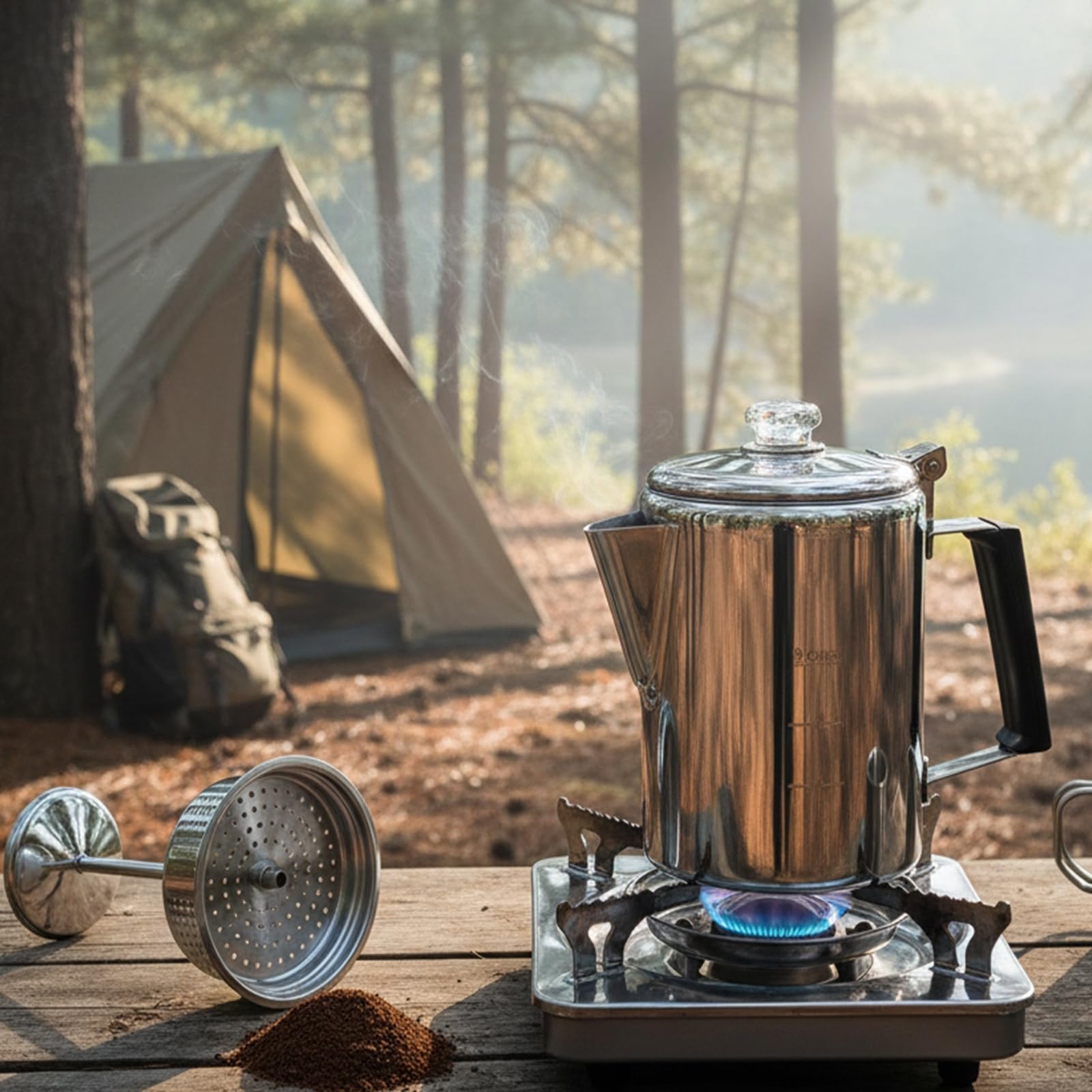 Cididu Cafetera de camping de acero inoxidable, cafetera al aire libre, cafetera duradera para estufa, preparar café en llamas, ideal para acampar en grupo, senderismo, mochileros, RV y viajes, 9