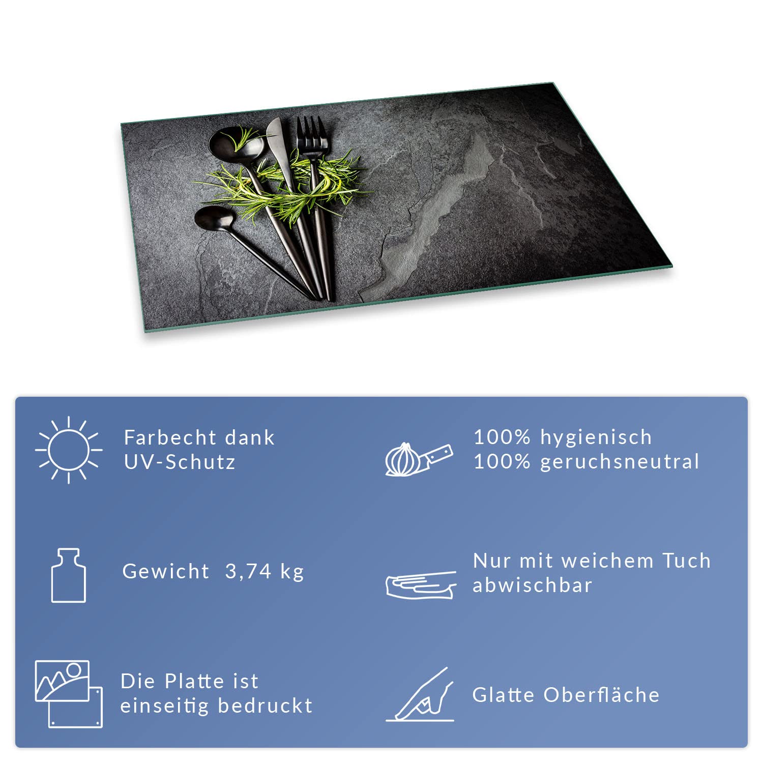 Herdabdeckplatte Abdeckung Ceranfeld Abdeckplatte Schneidebrett 1-Teilig 80x52 Kräuter Besteck Grau Spritzschutz Glasplatte Ceranfeldabdeckung Schutz Herdschutz Sicherheitsglas Glasschneidebrett
