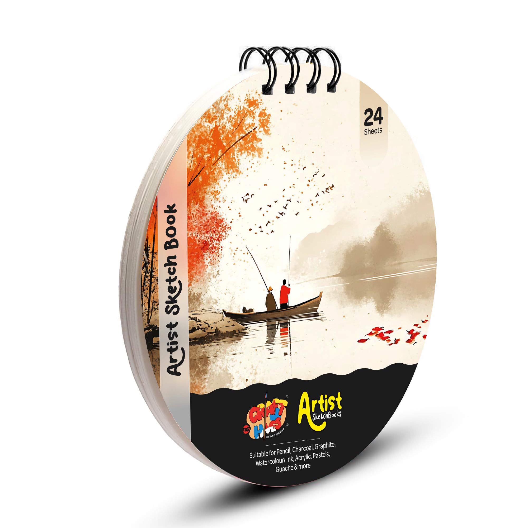 The Crafthives Round Artist Sketchbook 7 Inch | 24 Sheets 250 GSM Premium Paper | Spiral Bound Drawing Pad for Watercolor, Acrylic, Pencil, Charcoal & Pastel | Travel Art Journal for Kids, Students & Artists