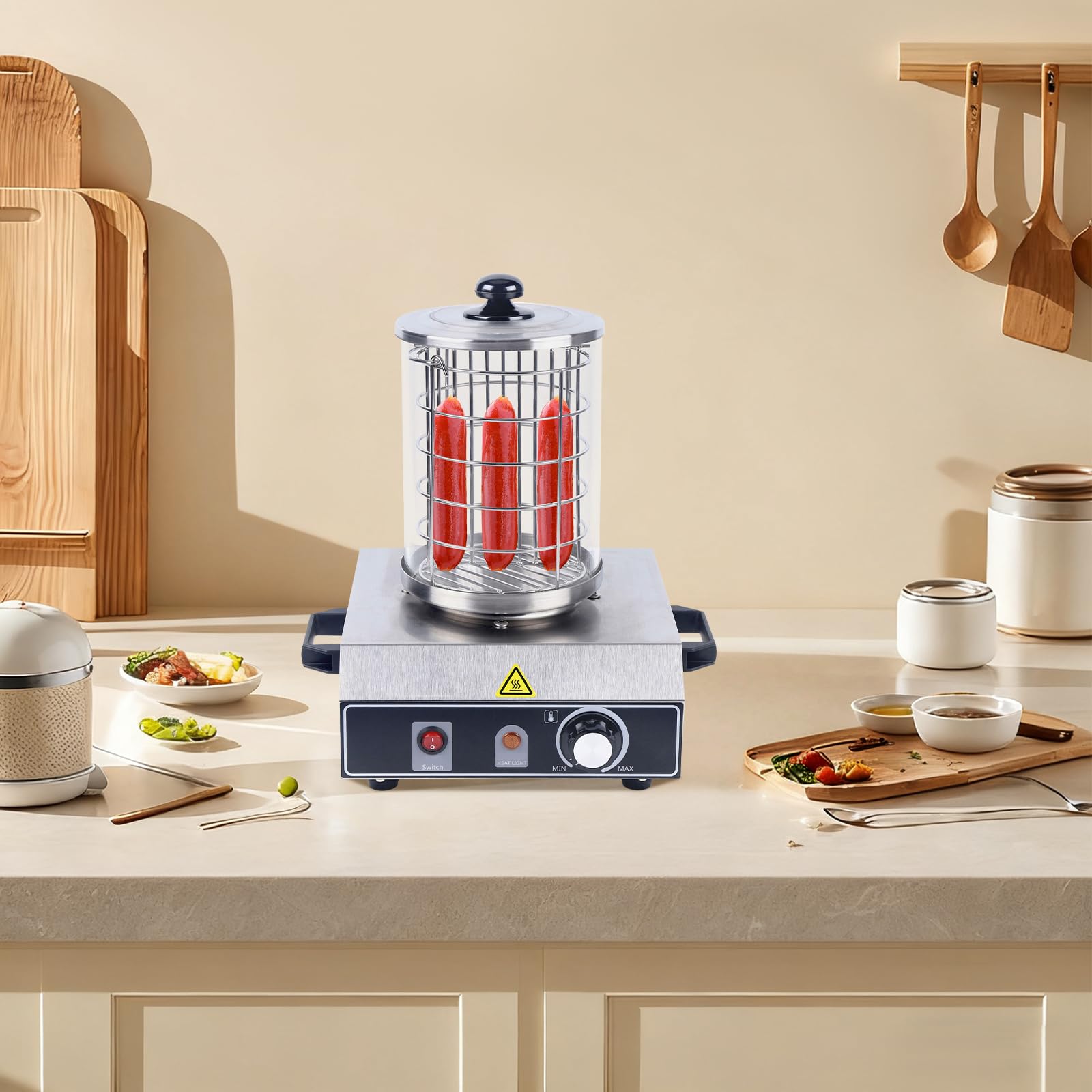 Edelstahl Bockwurstwärmer Würstchenwärmer Hot Dog Gerät 350W 30-85℃ einstellbarer Temperatur Elektrischer Wurstkocher 16x21,5cm Hot Dog Maker für Bäckereien Cafés Partys Verkaufswagen