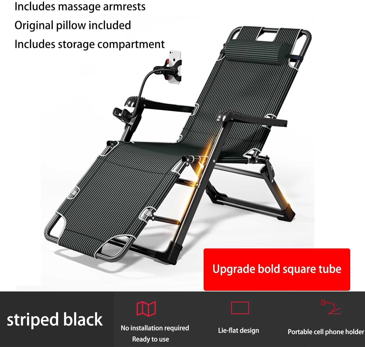 Folding lounge chair ，camping lounge chairs for adults，outdoor patio chair ，Full carbon steel frame structure, strong and stable, suitable for bedrooms, balconies, courtyards, outdoors ( Color : Strip