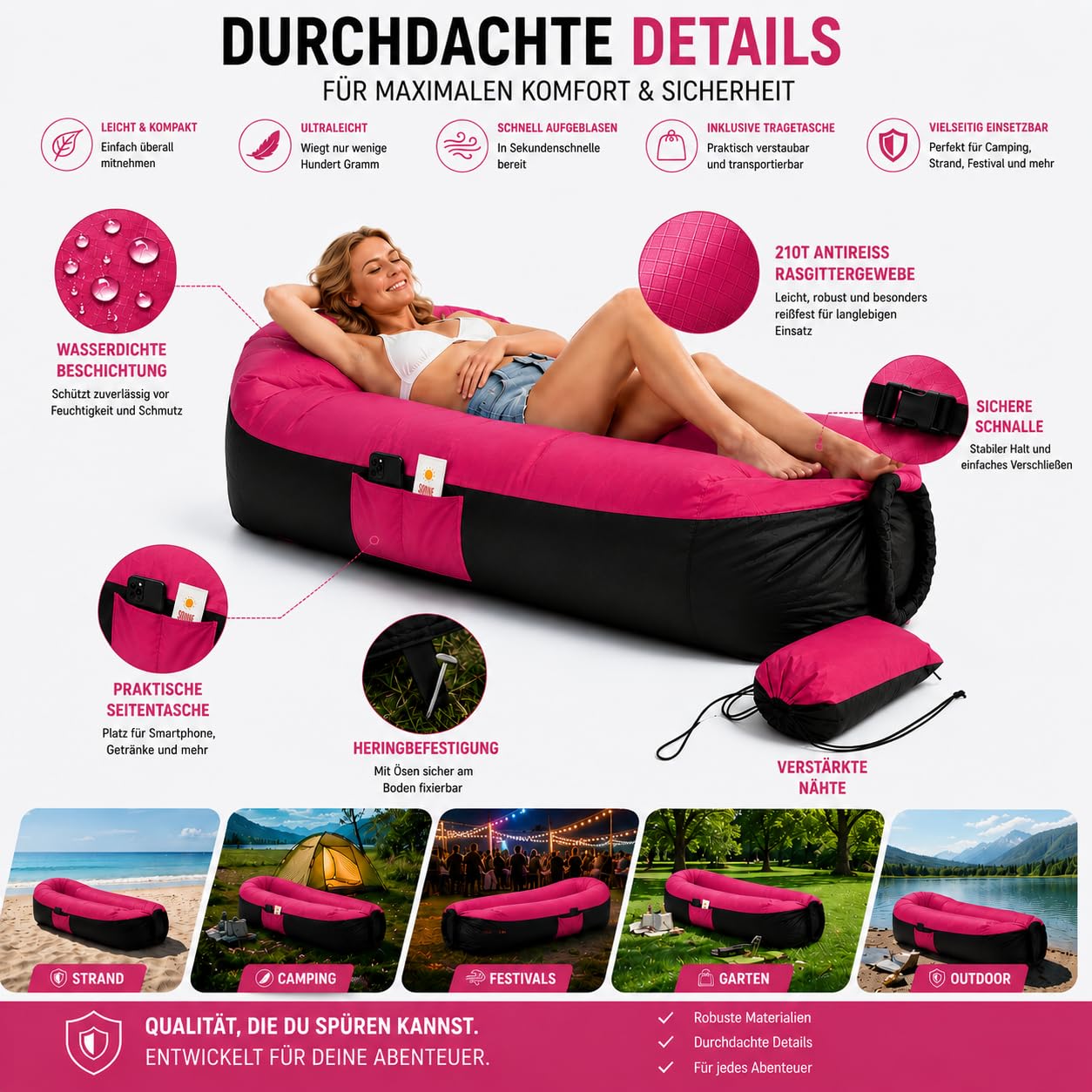 EastCity Luftsofa Aufblasbar mit Kopfstütze und Seitentasche, 230 x 70 cm Aufblasbares Sofa für Camping, Strand und Festival, Air Lounger mit Tragebeutel, Tragbare Aufblasbare Liege, Rosa