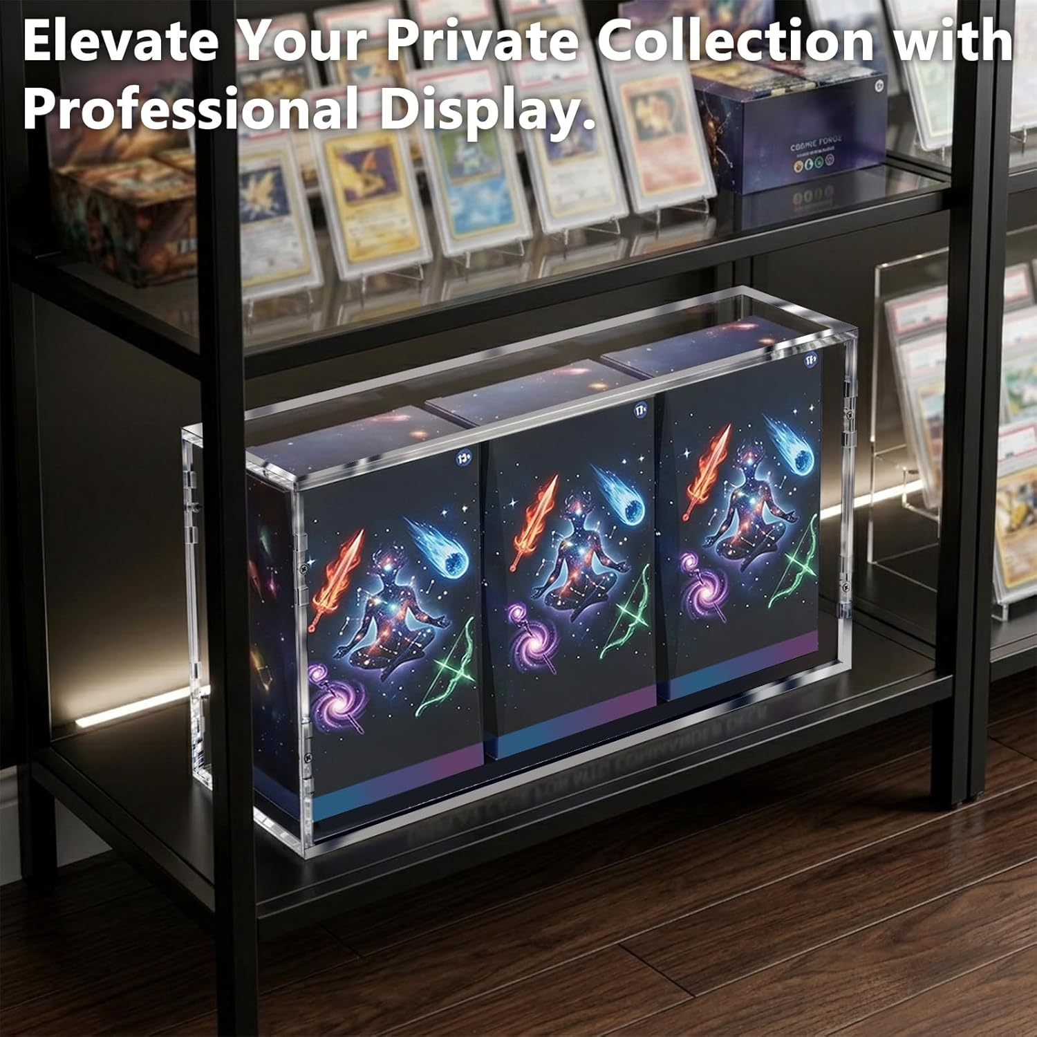 DEDC 1PCS Interlocking Acrylic Display Case for 3 MTG Commander Decks Clear Protector Box Fits 3 MTG Commander Deck Boxes Stackable Collectible Storage Organizer, 14.4x3.5x6.9in