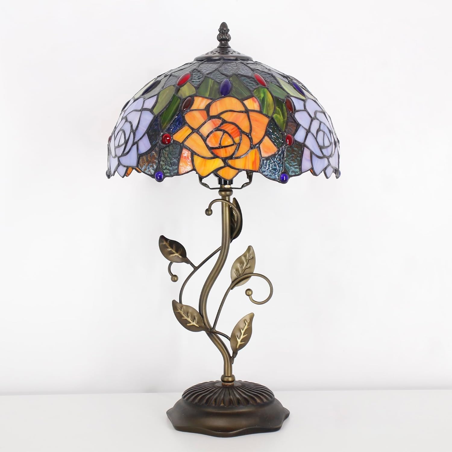 Tiffany Lamp Orange Red Rose Flower Stained Glass Table Lamp Desk Bedside Reading Light 12X12X19 Inches with Metal Leaf Base Decor Bedroom Living Room