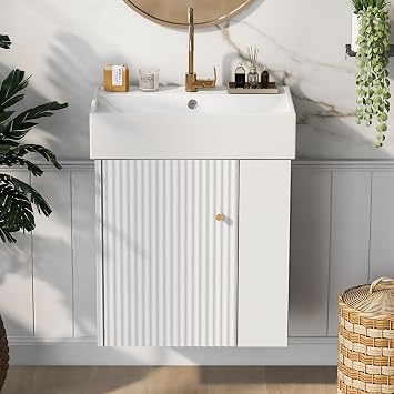 21.6 inch White Floating Bathroom Vanity with Sink,Narrow Depth Vanities Right Side Storage