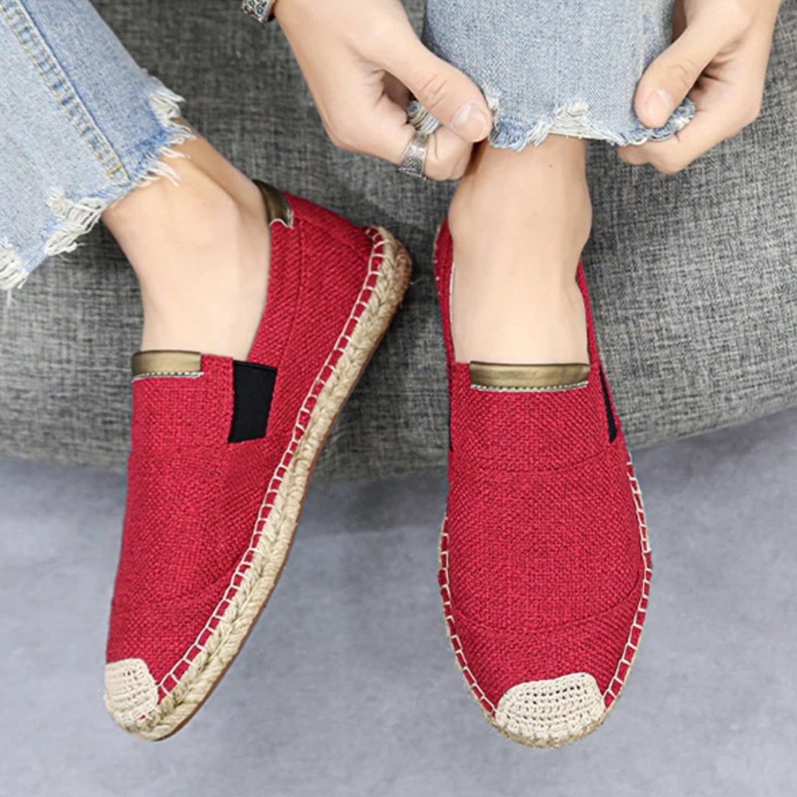 Scarpe Pescatore Uomo Estate Lino Senza Lacci Traspiranti(Rosso,41) | Tessuto leggero favorisce il flusso d’aria garantiscono libertà al piede. Ideale per casa e brevi uscite all’aperto.