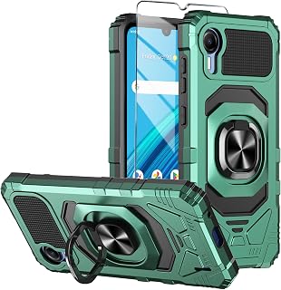 for Cricket Debut S2 Case, Att Calypso 4 Case with Tempered Glass Screen Protector,Ring Kickstand,Military Grade Heavy Duty Shockproof Protective Debut S2 Cover (Dark Green)