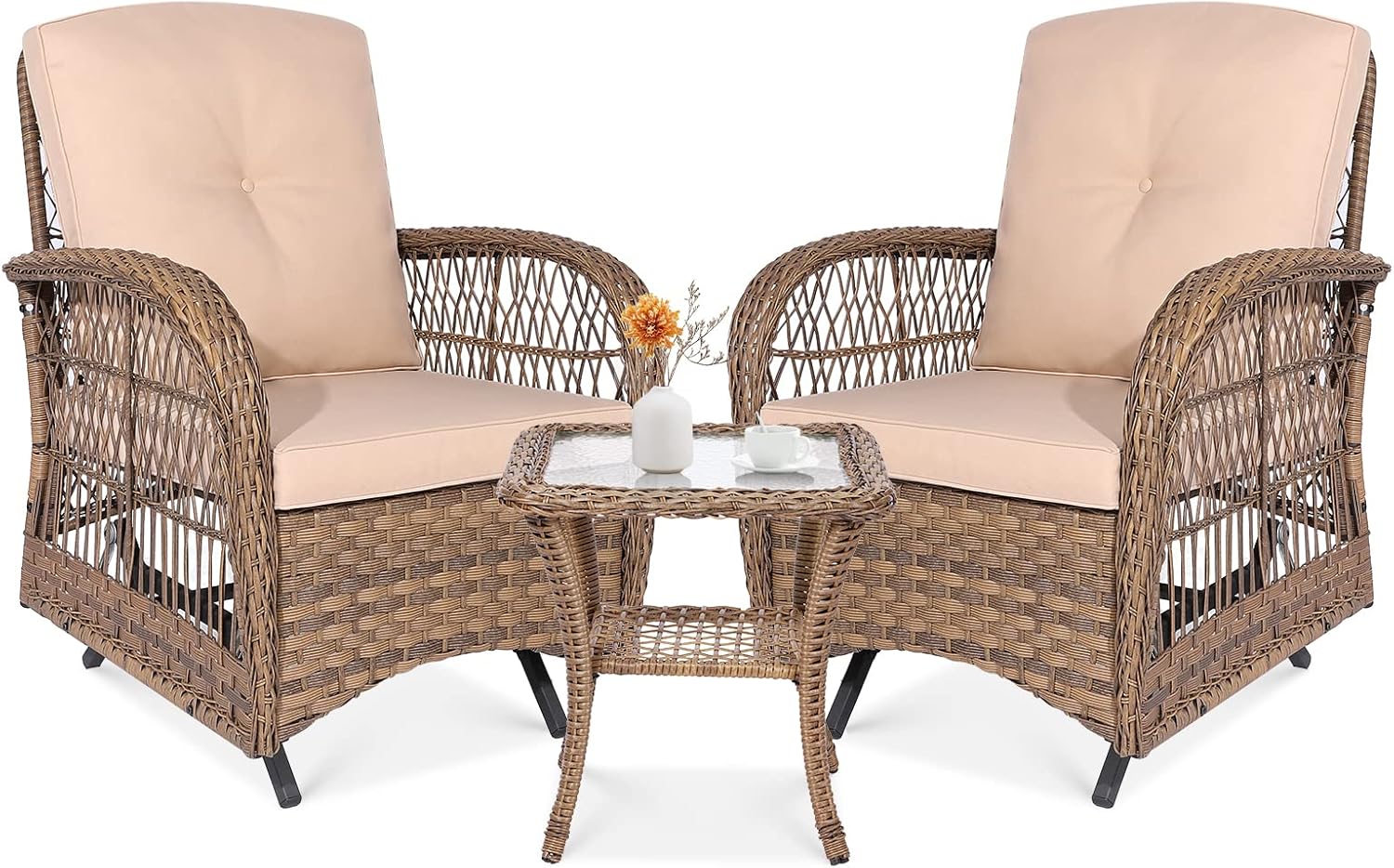 VIVIJASON 3-Piece Outdoor Conversation Bistro Set, Patio Glider Rocking Chairs Rattan Furniture Sets w/ 2 Rattan Cushioned Chairs and Glass Top Side Table for Porch Backyard, Beige