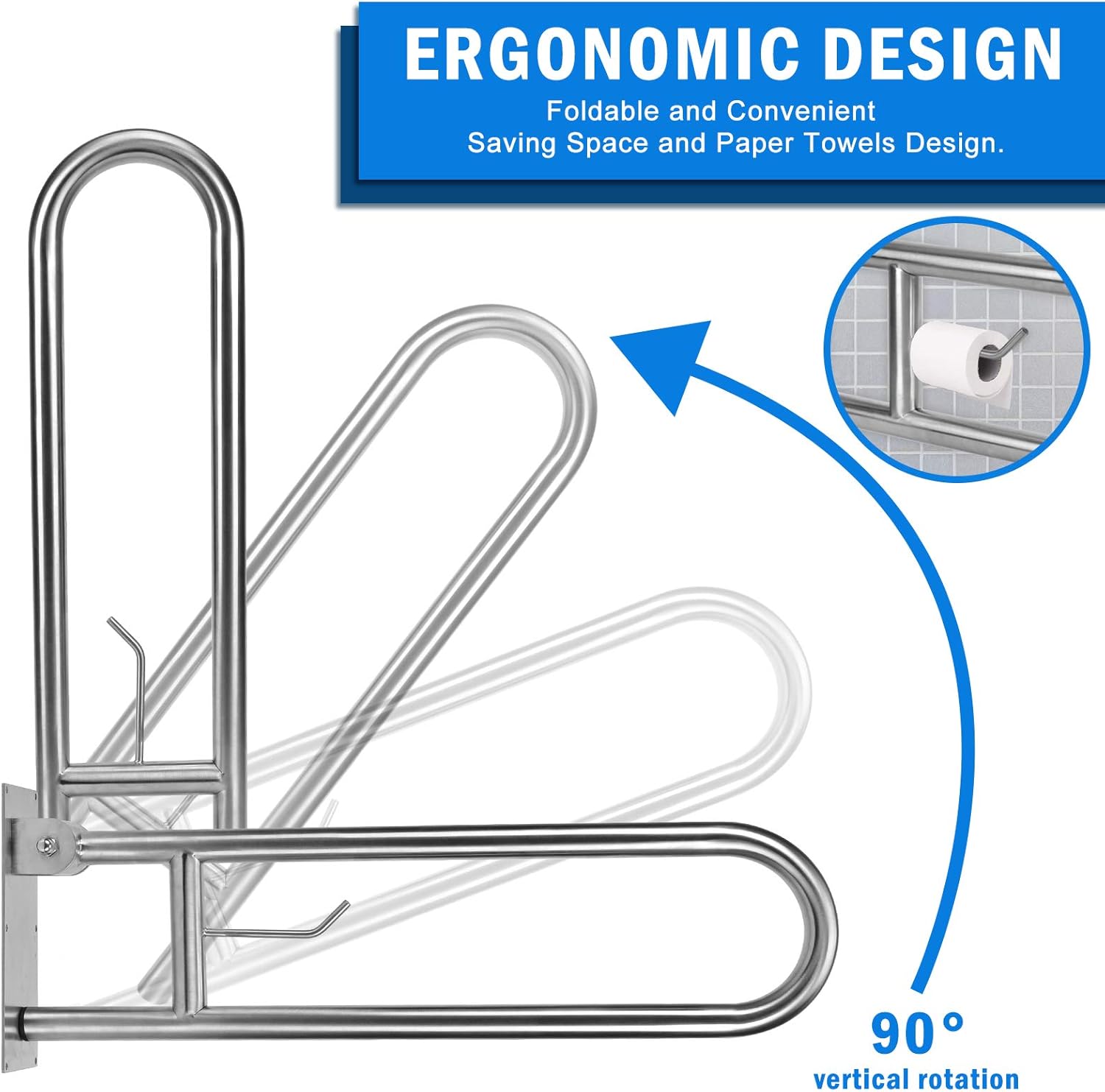 30in Handicap Grab Bars for Bathroom - Toilet Safety Rails Flip Up Grab Bar, Stainless Steel Toilet Grab Bar U-Shaped with Paper Holder for Elderly Bariatric Pregnant Disabled Commode