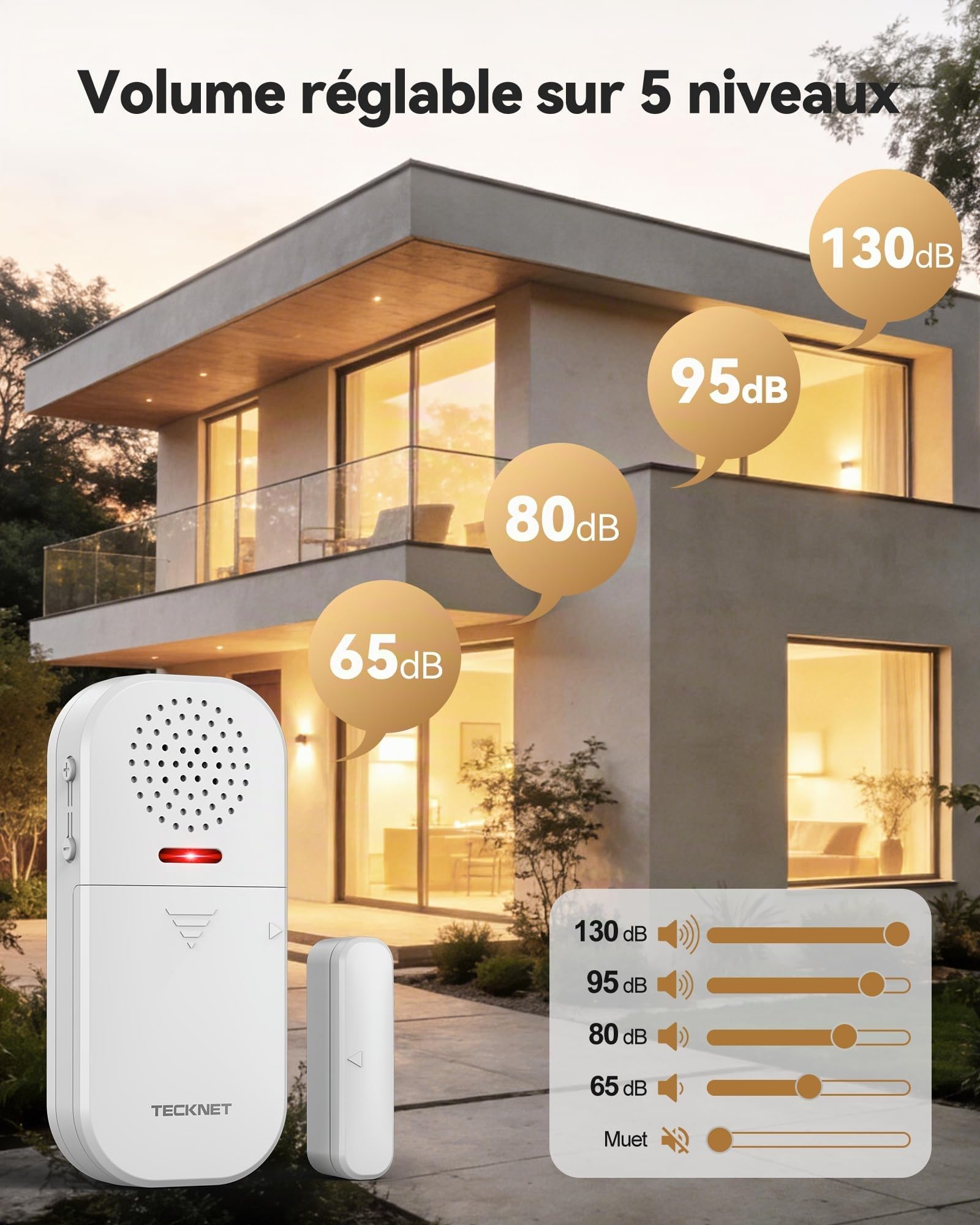 TECKNET Alarme Maison sans Fil, Alarme Porte avec Télécommande, Détecteur Ouverture Porte 4 Modes 5 Niveaux Volume, 2 en 1 Alarme et Sonnette pour Maison, Boutique, Hôtel (2PCS)