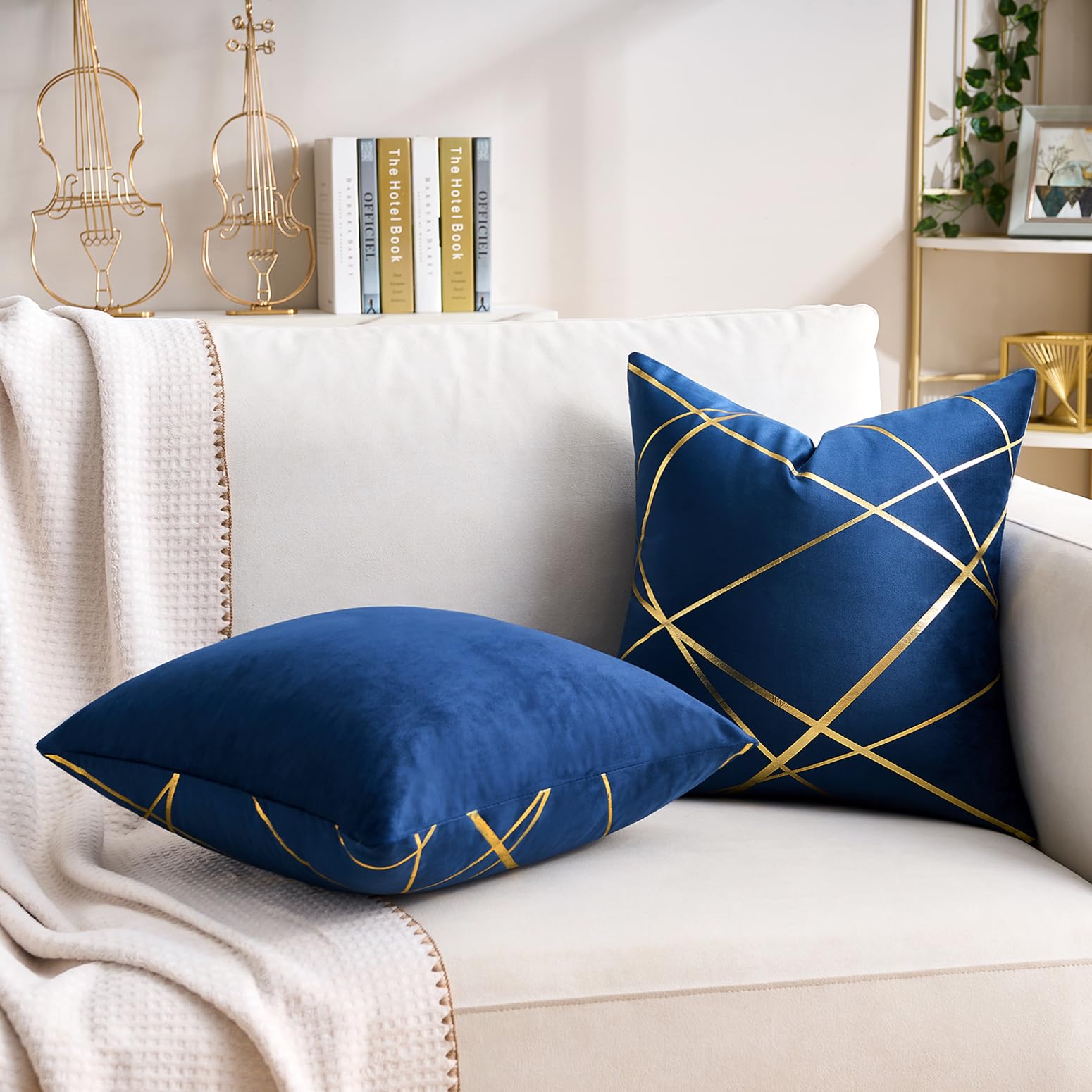 HPUK – 2 Federe Per Cuscini In Velluto Tagliato Geo, 45x45 Cm, Blu Navy, Con Cerniera Invisibile