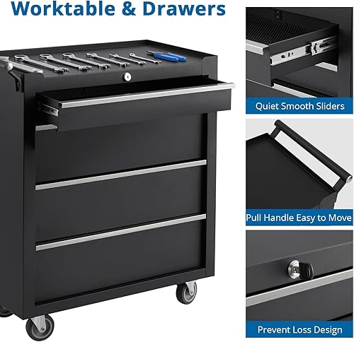 Miniatura 6 de 4-Drawer Rolling Tool Chest with Wheels and Lock System, Portable Mobile Tool Storage Cabinet for Garage, Workshop, Mechanics, and Repair Room