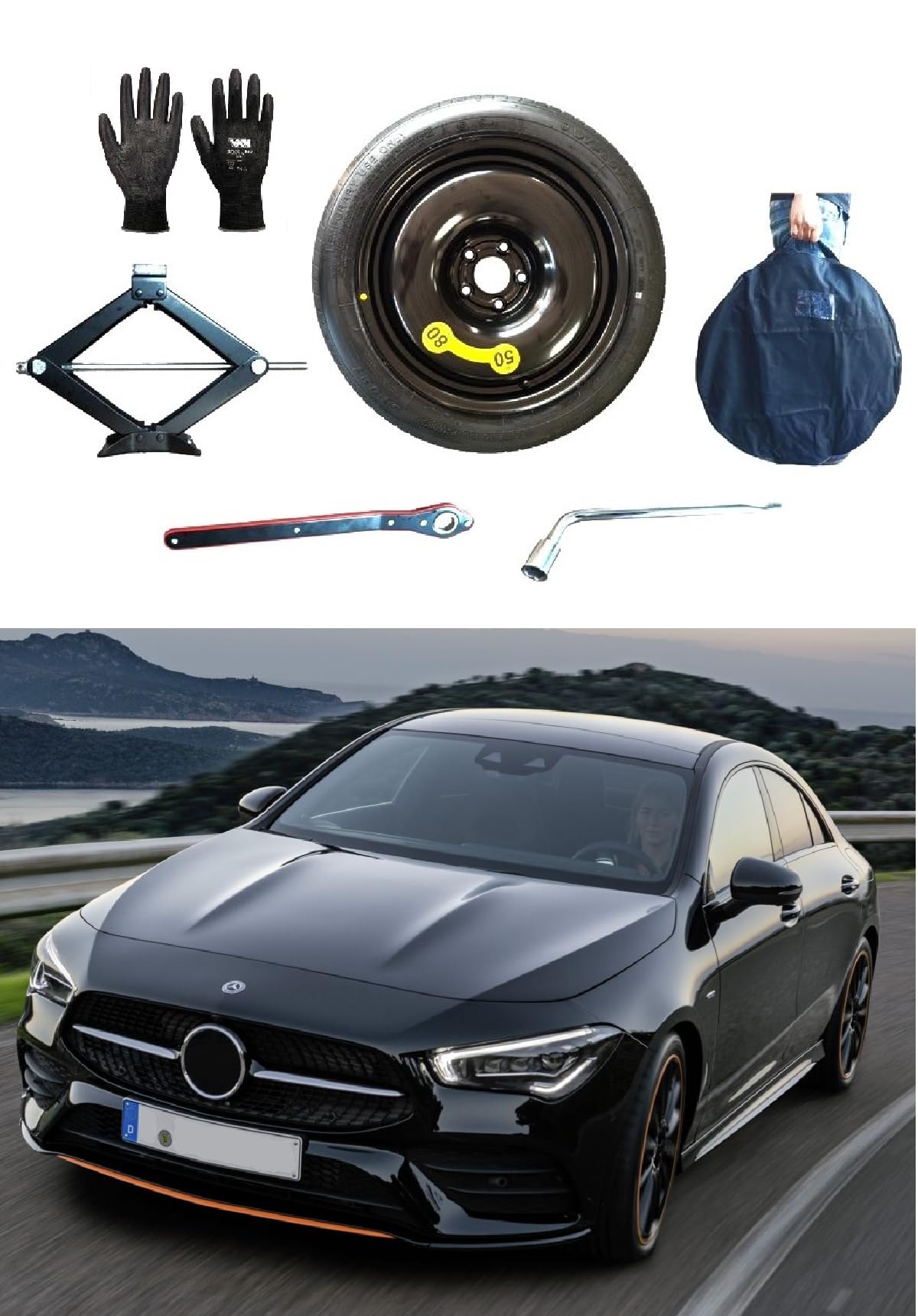 Kit Roue de secours 17" compatible avec Mercedes CLA avec Cric, Clé, Gants et Sac