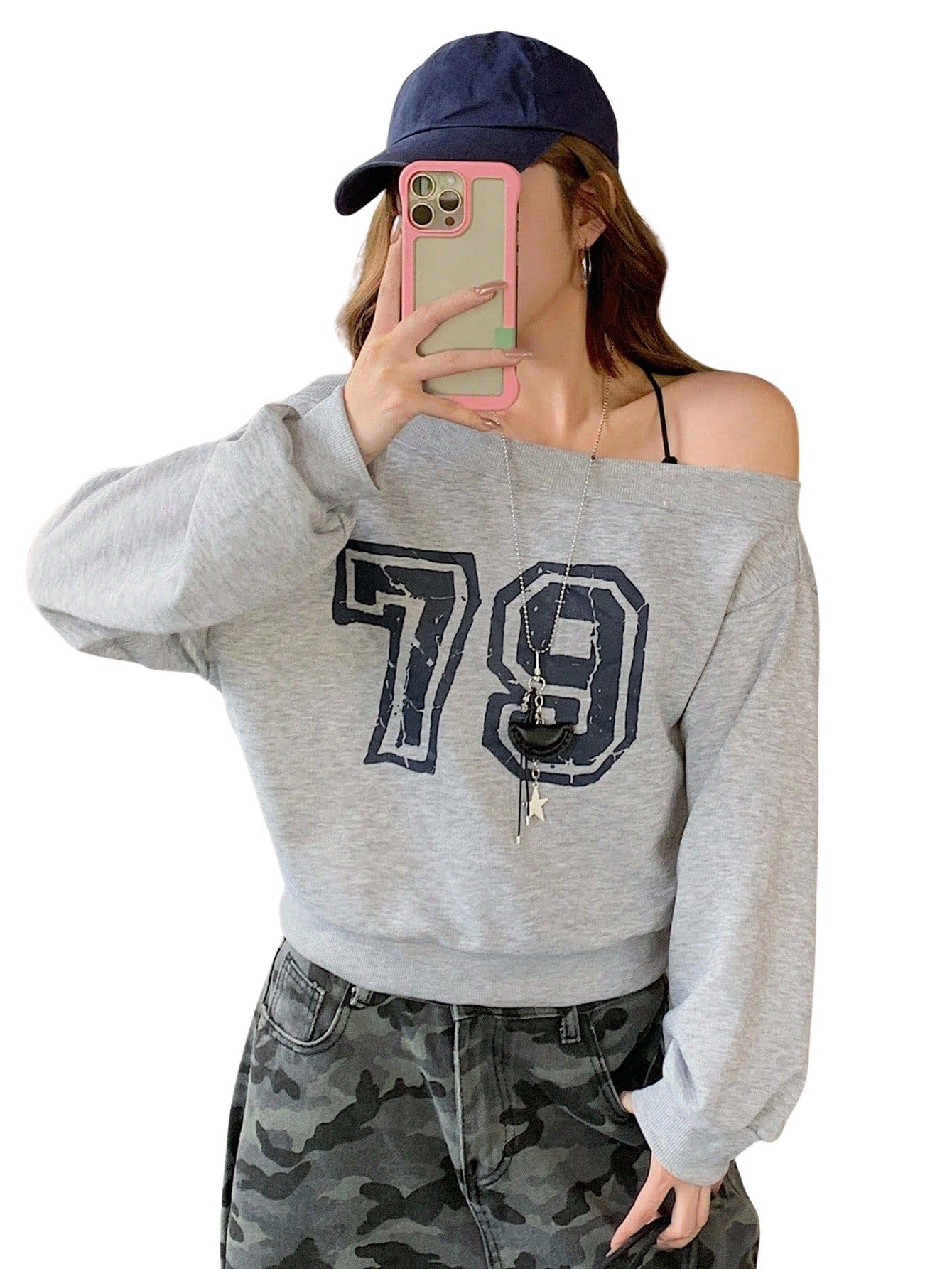 sxv style 79 Women's Off Shoulder Letter Print Long Sleeve Pullover Sweatshirt-picture-42